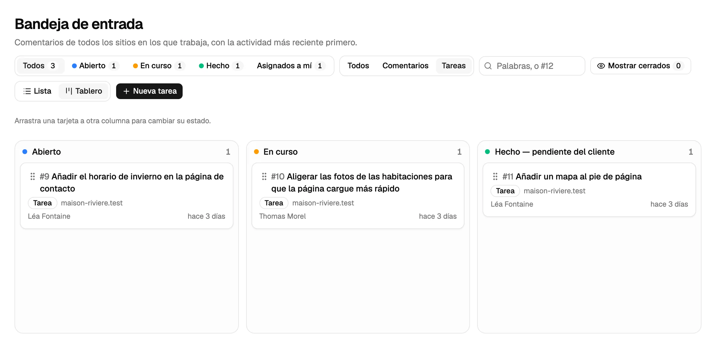 La bandeja de entrada como tablero, solo con tareas: una columna por estado y cada tarea con la persona asignada.