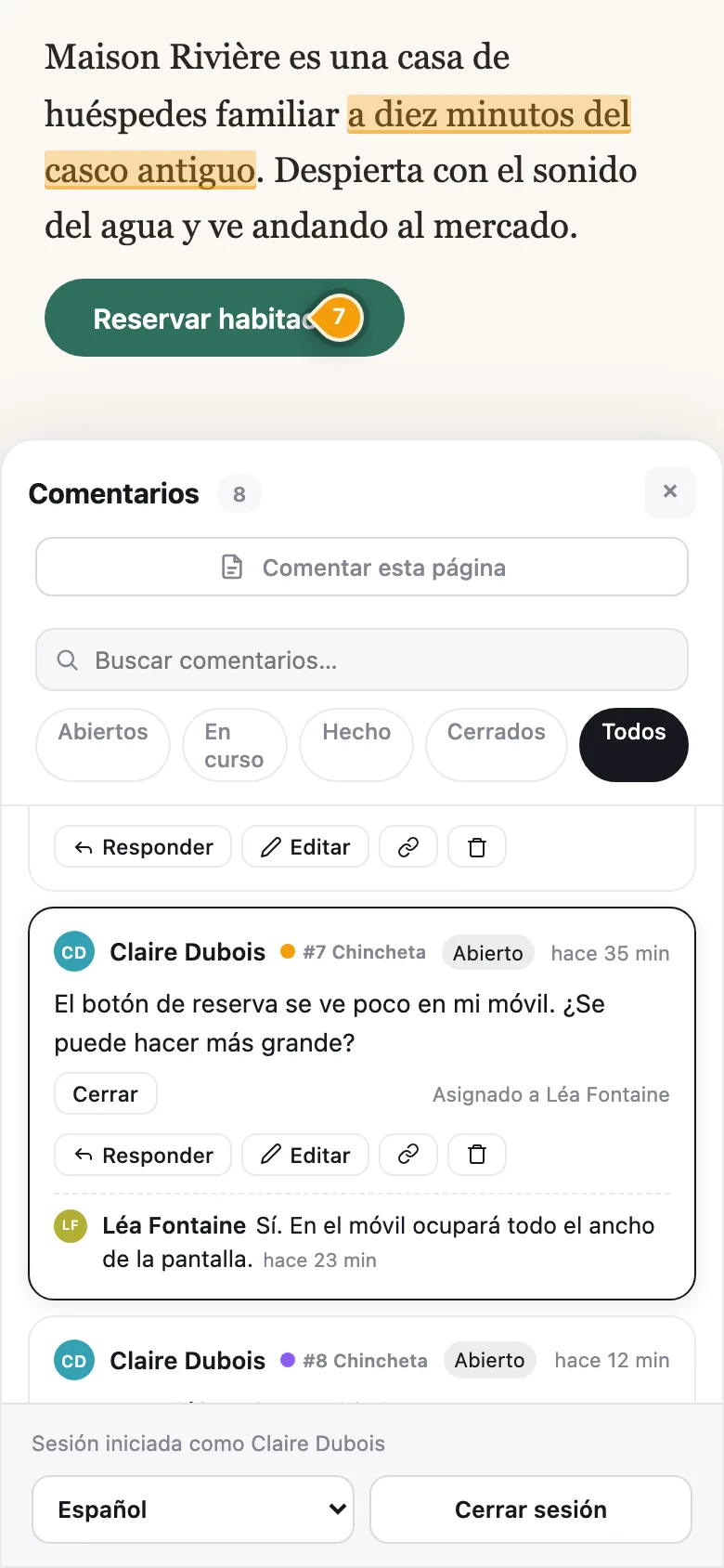 Notiamo en un móvil: un pin en el botón de reserva y la conversación debajo de la página.