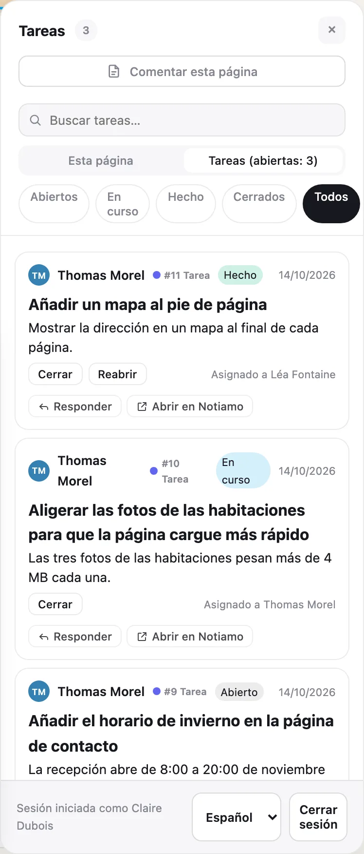 La pestaña Tareas de las herramientas de revisión en el sitio web: las tareas del sitio con su estado, respuestas y botones.