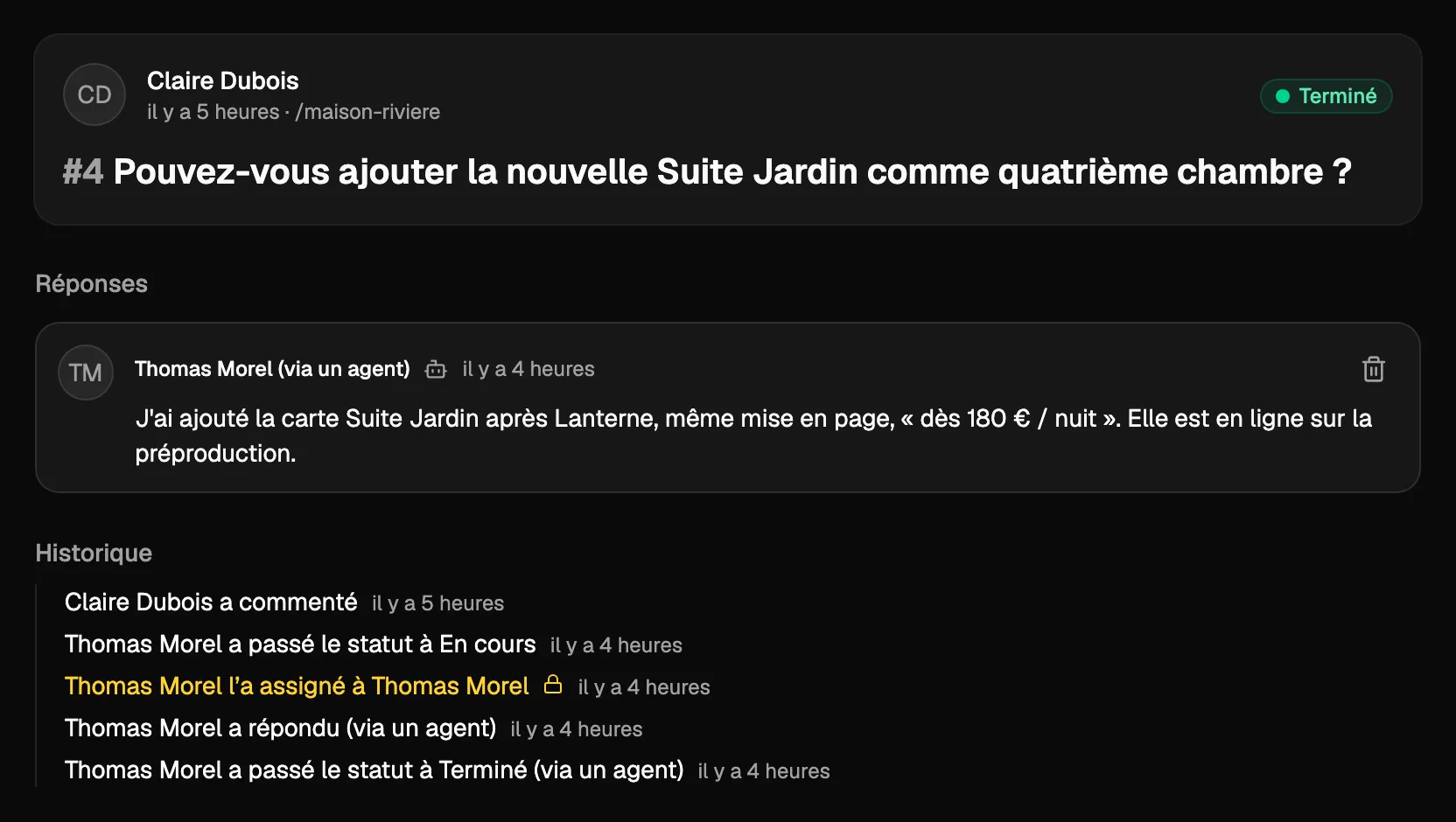 Un commentaire terminé par un agent IA : sa réponse dit ce qui a changé, et l’historique montre que l’agent a répondu et l’a marqué comme terminé.