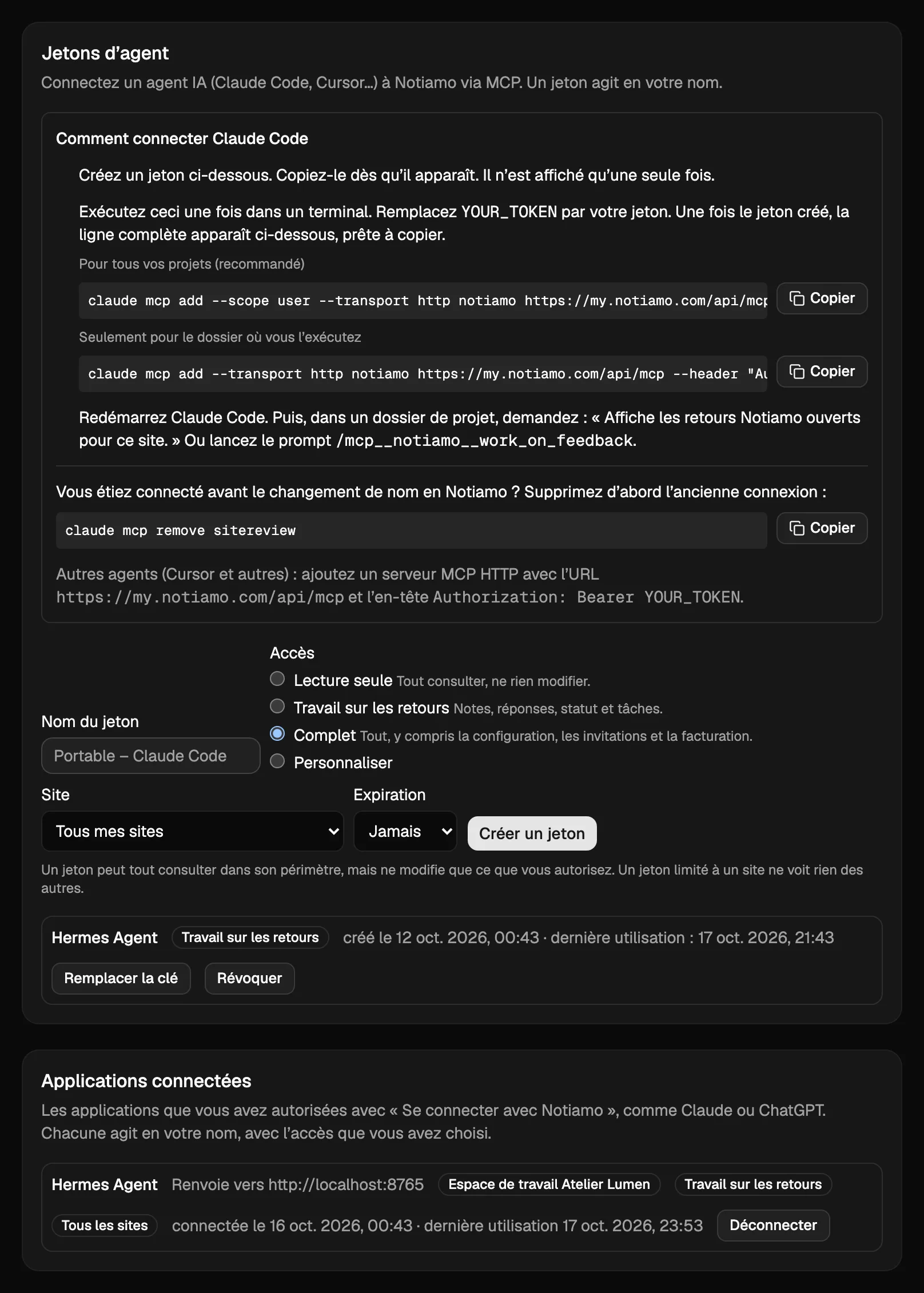 La carte Jetons d’agent dans les Paramètres de Notiamo : les choix d’accès, une clé avec Remplacer la clé et Révoquer, et en dessous la carte Applications connectées avec une application et son bouton Déconnecter.