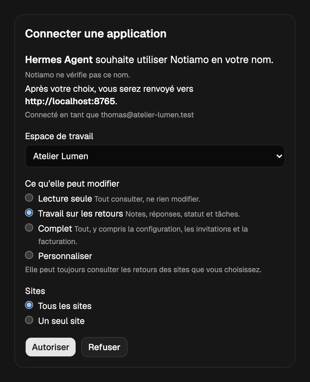 La page Notiamo « Connecter une application » : le nom de l’application, l’espace de travail, ce qu’elle peut modifier, les sites, et les boutons Autoriser et Refuser.