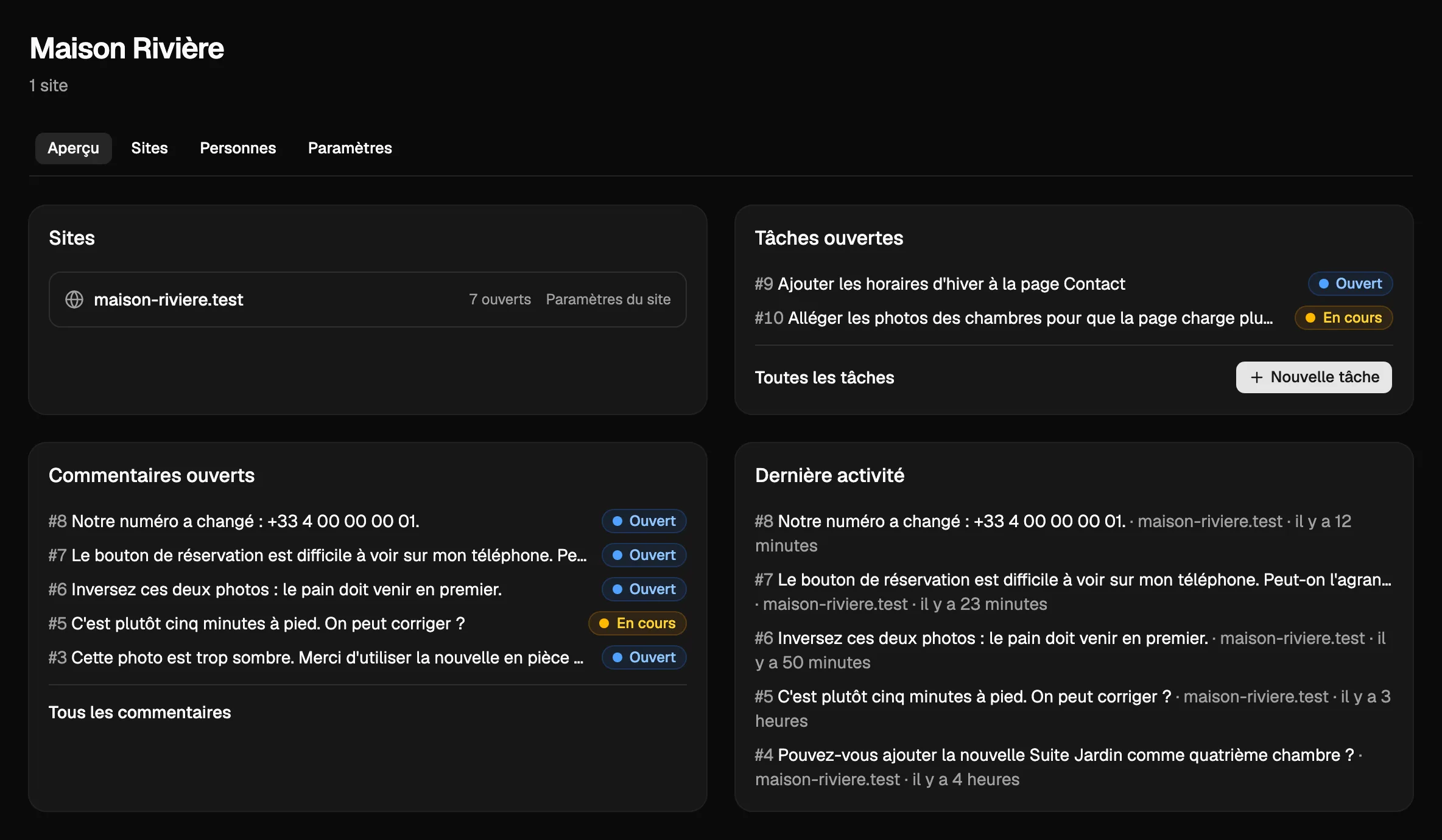 L’aperçu d’un projet dans Notiamo : son site, ses tâches et commentaires ouverts, et la dernière activité.