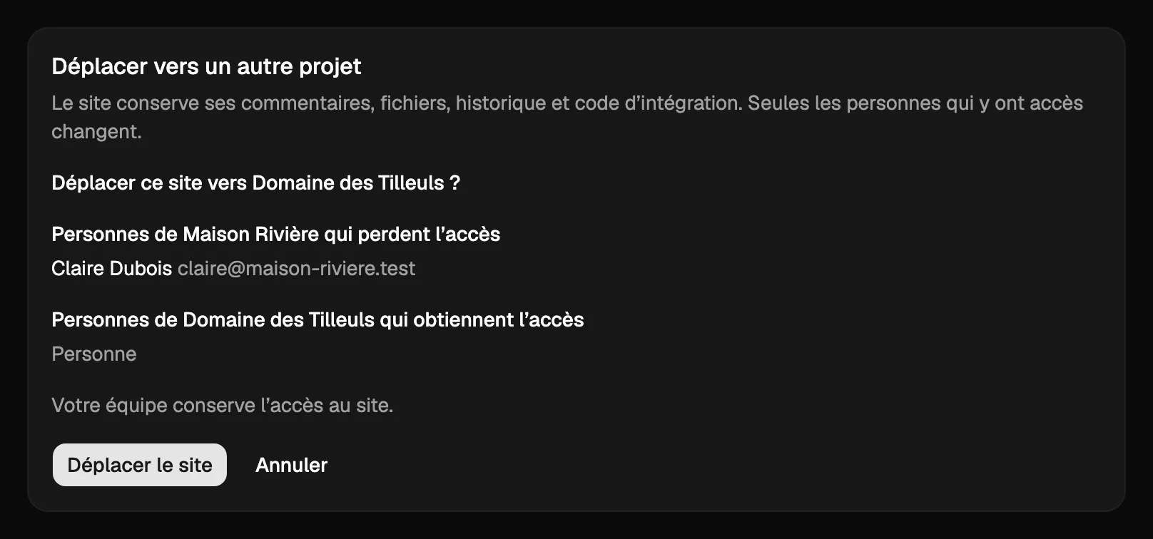 Le déplacement d’un site vers un autre projet : qui perd l’accès, qui l’obtient, et le bouton Déplacer le site.