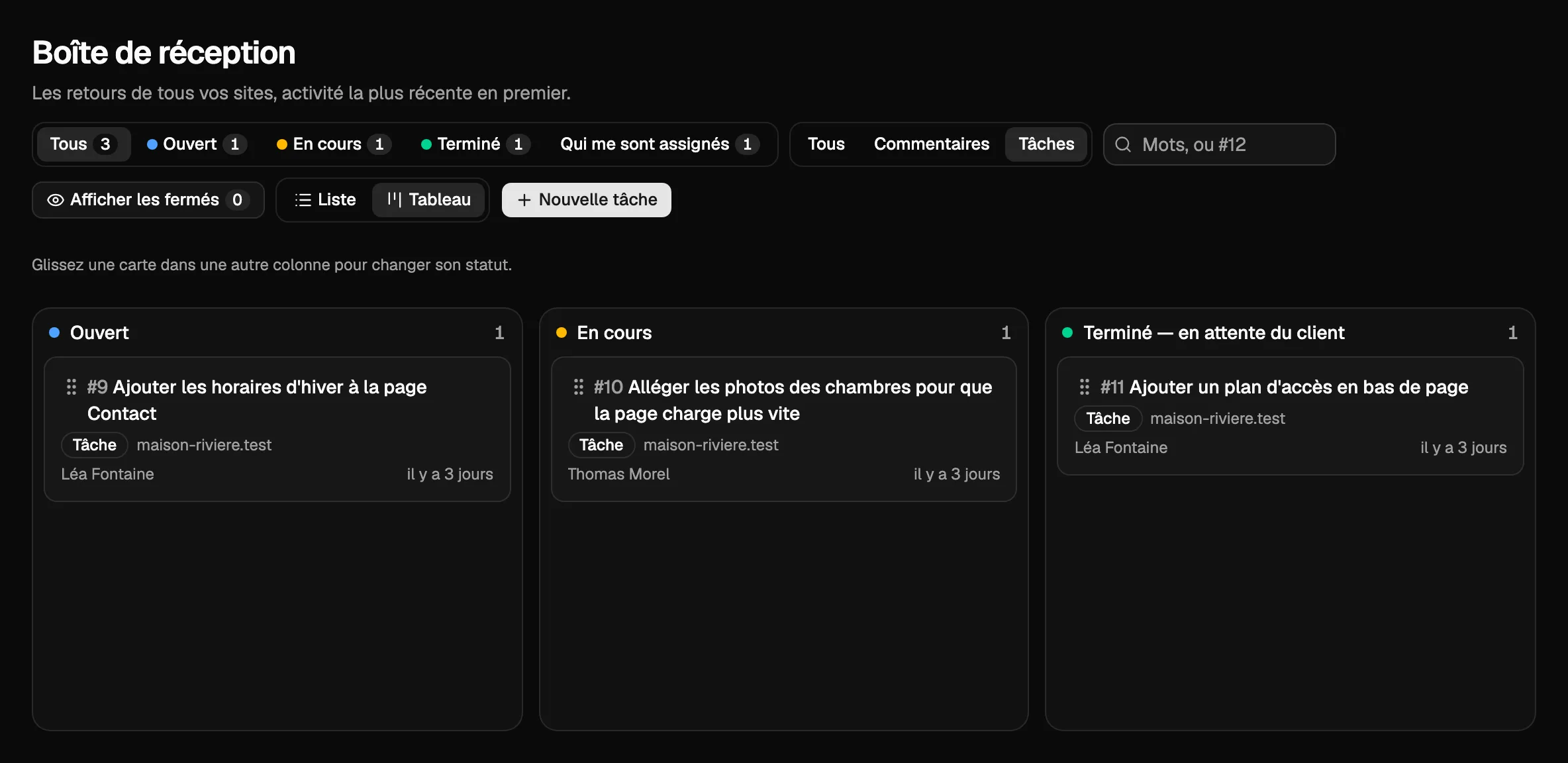 La boîte de réception en tableau, avec seulement les tâches : une colonne par statut, chaque tâche avec la personne assignée.