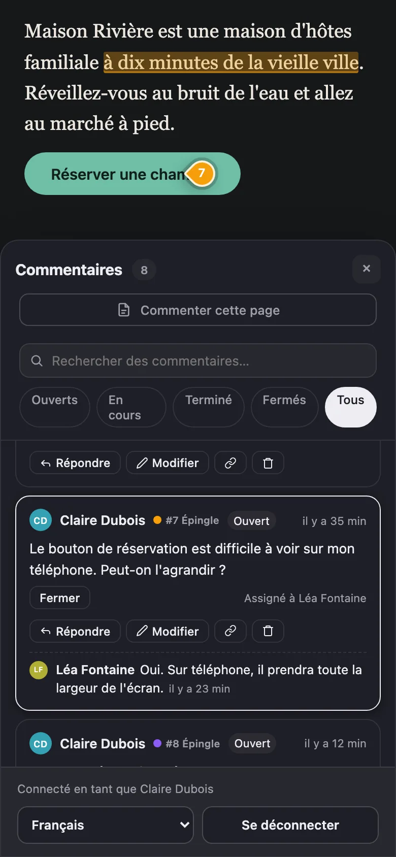 Notiamo sur un téléphone : une épingle sur le bouton de réservation et la discussion sous la page.