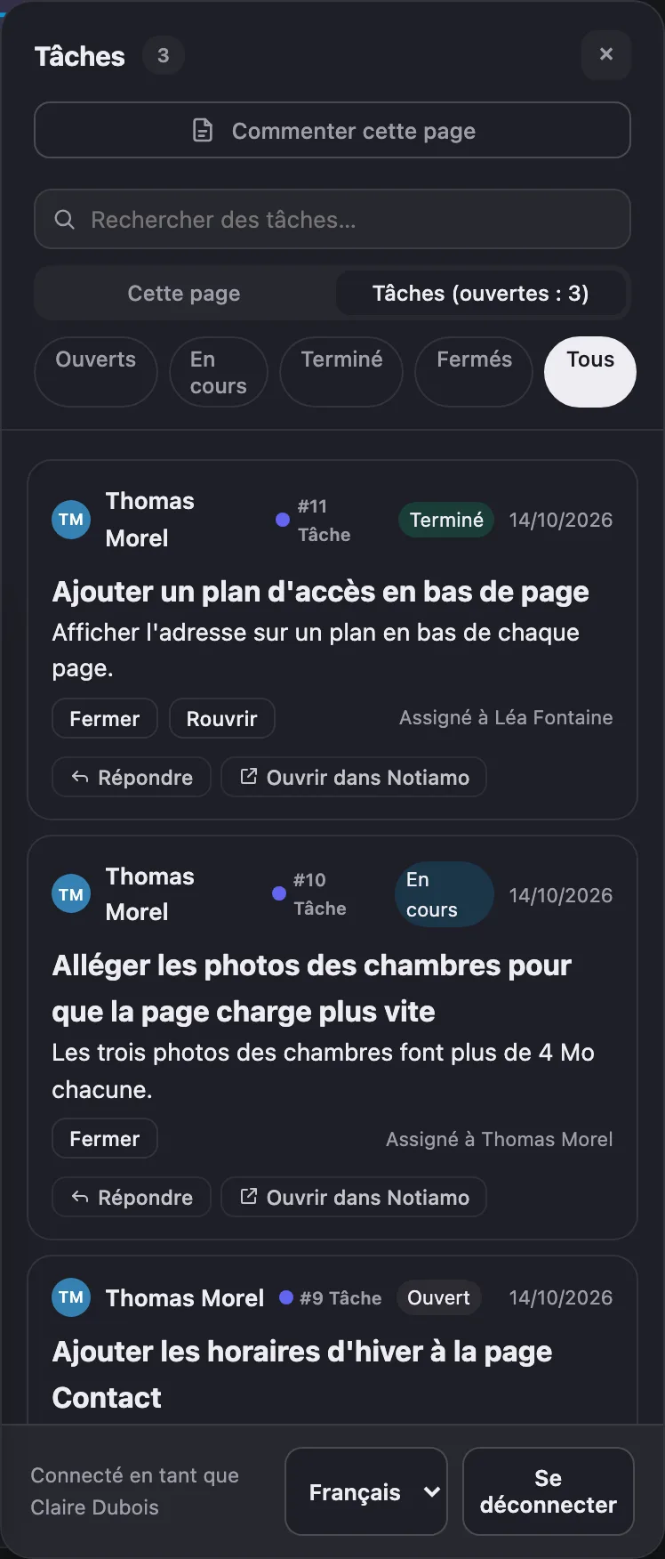 L’onglet Tâches des outils de relecture sur le site : les tâches du site avec leur statut, les réponses et les boutons.