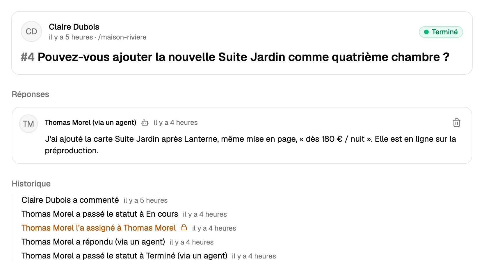 Un commentaire terminé par un agent IA : sa réponse dit ce qui a changé, et l'historique montre que l'agent a répondu et l'a marqué comme terminé.