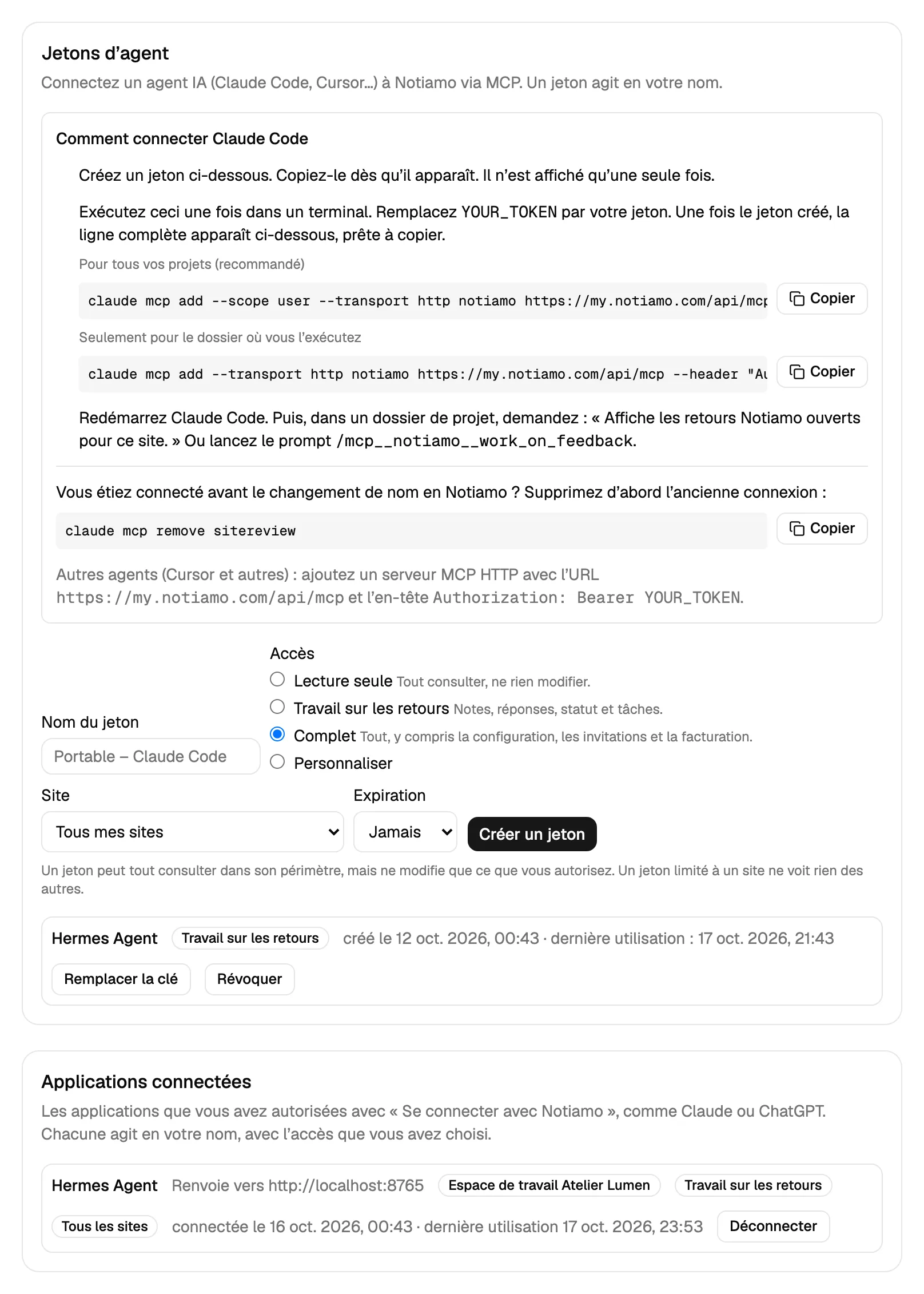 La carte Jetons d’agent dans les Paramètres de Notiamo : les choix d’accès, une clé avec Remplacer la clé et Révoquer, et en dessous la carte Applications connectées avec une application et son bouton Déconnecter.