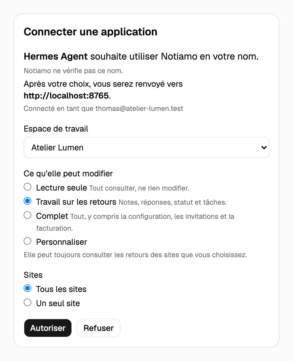 La page Notiamo « Connecter une application » : le nom de l’application, l’espace de travail, ce qu’elle peut modifier, les sites, et les boutons Autoriser et Refuser.