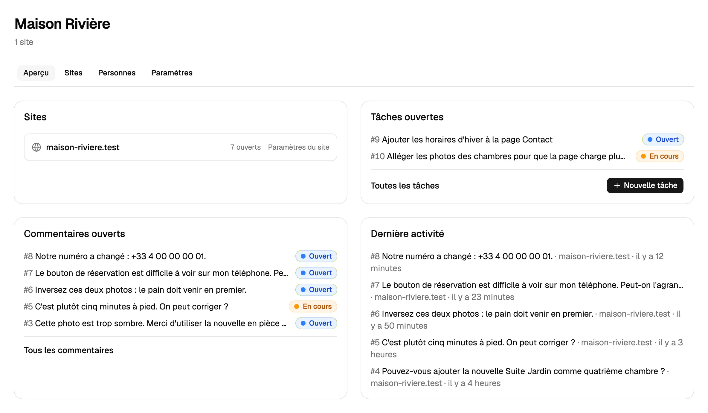 L’aperçu d’un projet dans Notiamo : son site, ses tâches et commentaires ouverts, et la dernière activité.