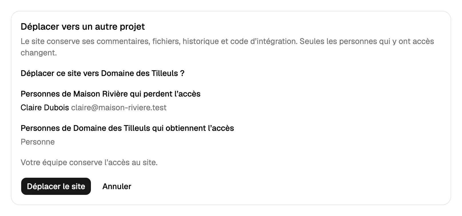 Le déplacement d’un site vers un autre projet : qui perd l’accès, qui l’obtient, et le bouton Déplacer le site.