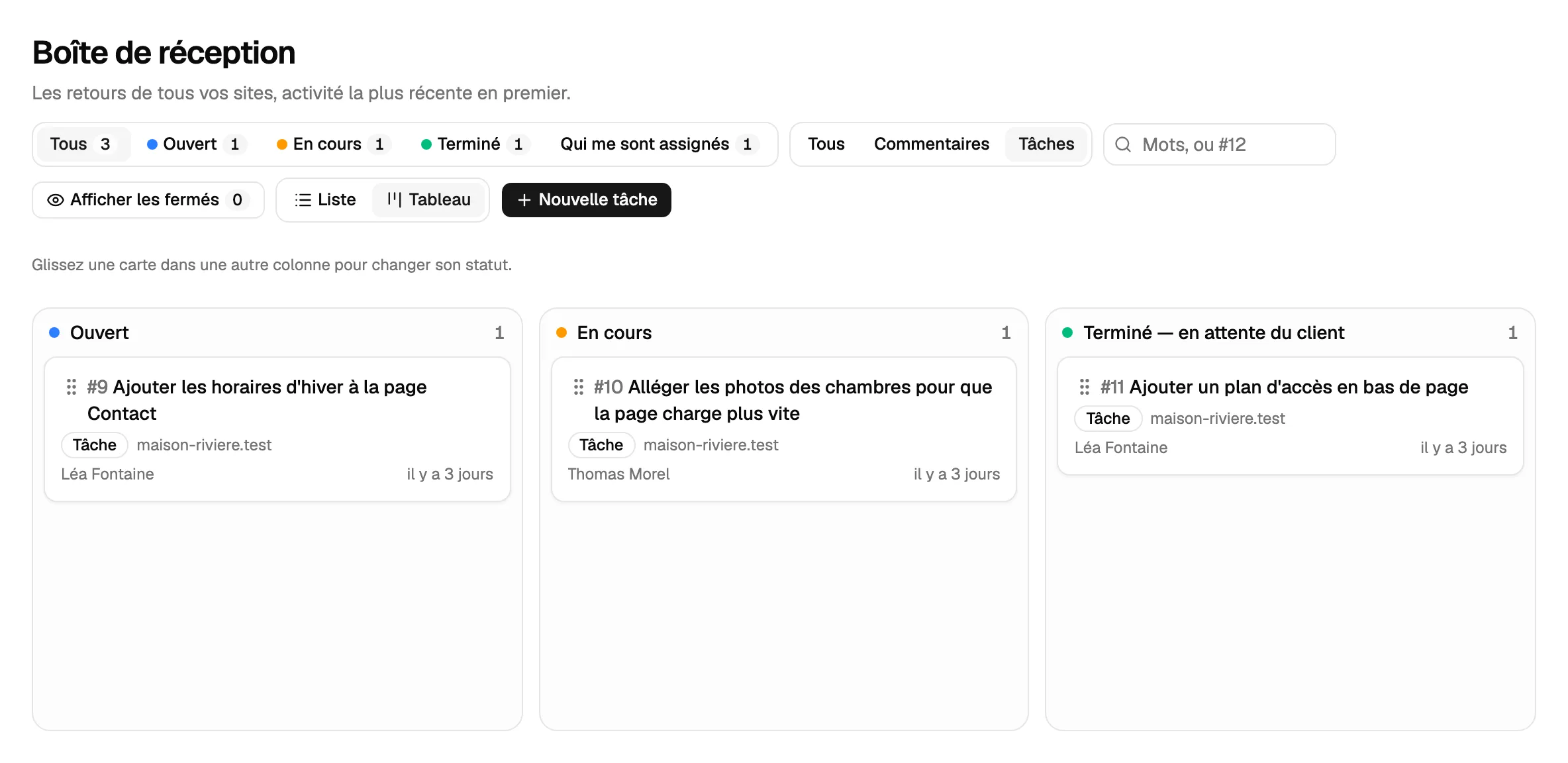 La boîte de réception en tableau, avec seulement les tâches : une colonne par statut, chaque tâche avec la personne assignée.