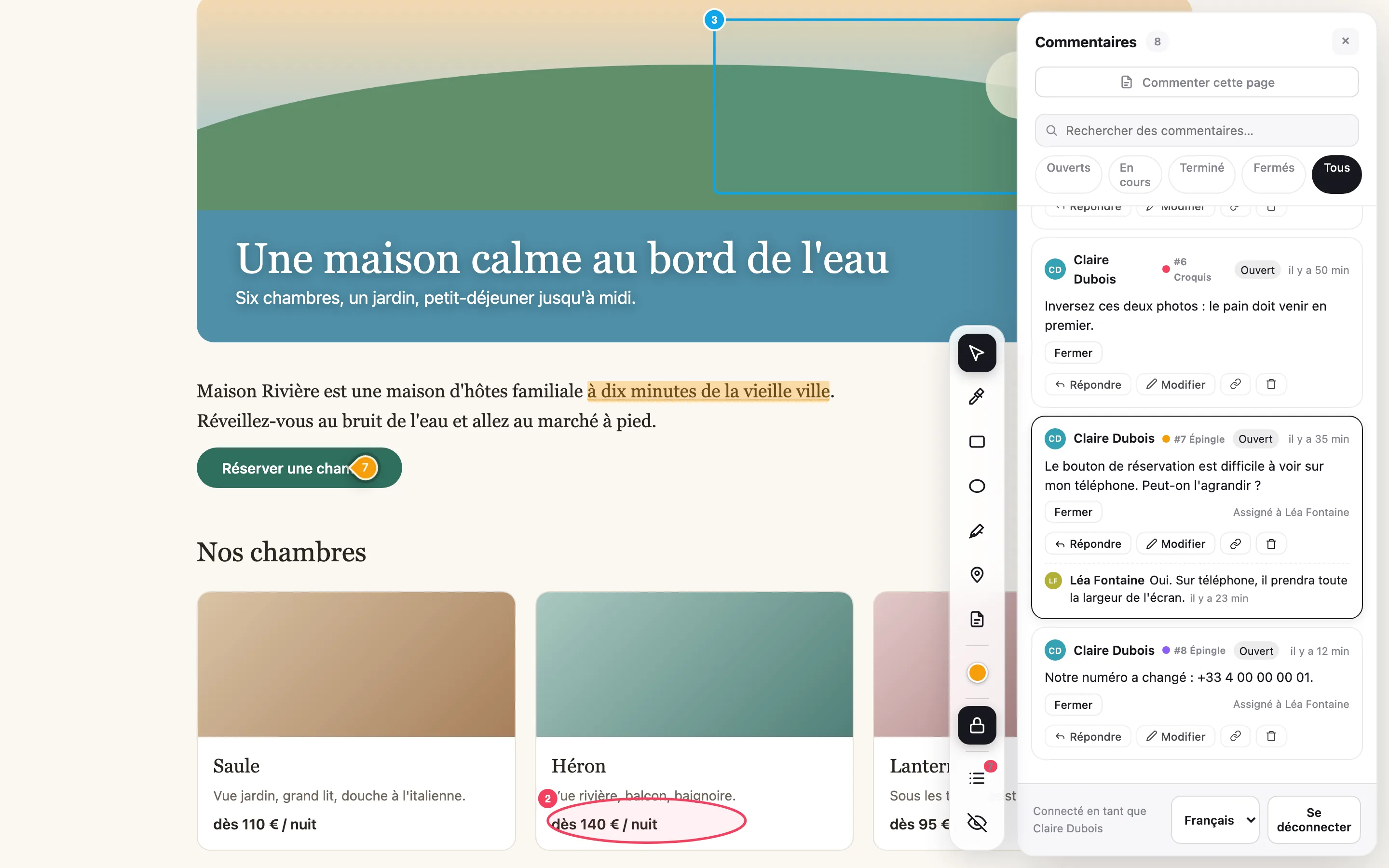 Le site d'un client avec Notiamo ouvert : des marques sur la page et la liste des commentaires à côté.