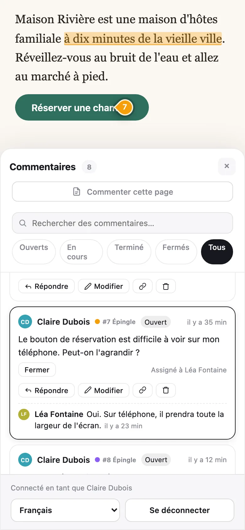 Notiamo sur un téléphone : une épingle sur le bouton de réservation et la discussion sous la page.