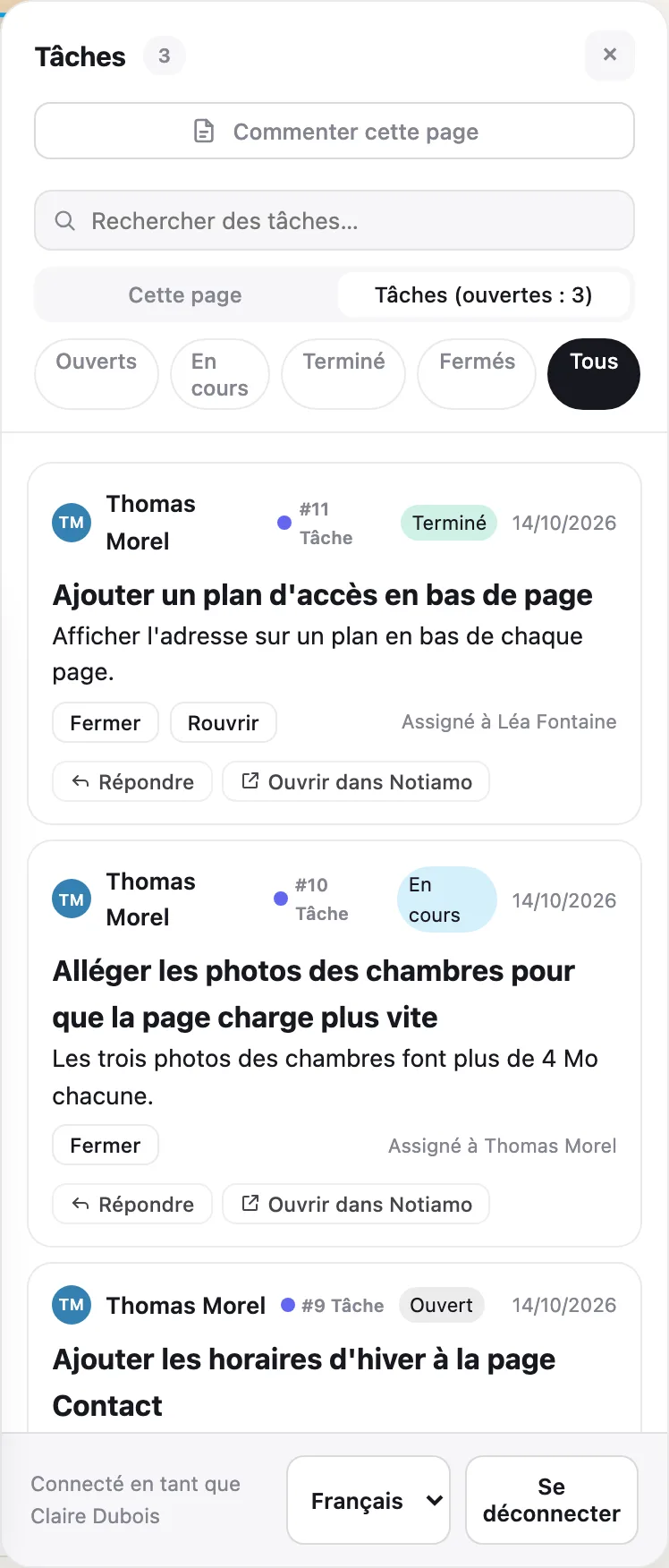 L’onglet Tâches des outils de relecture sur le site : les tâches du site avec leur statut, les réponses et les boutons.