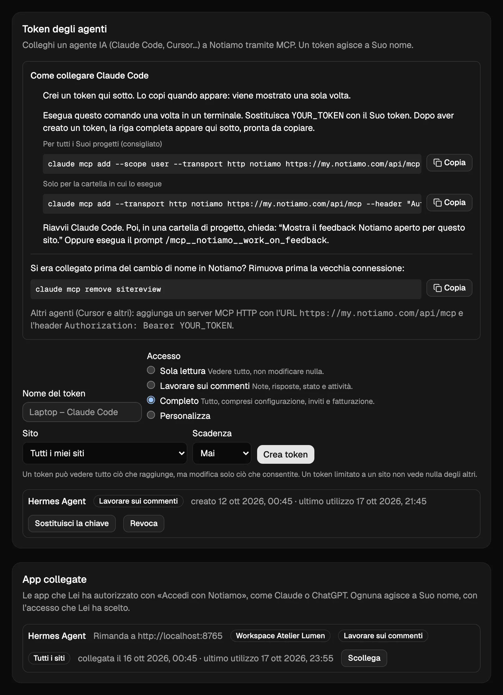 La scheda Token degli agenti nelle Impostazioni di Notiamo: le scelte di accesso, una chiave con Sostituisci la chiave e Revoca e, sotto, la scheda App collegate con un’app e il suo pulsante Scollega.