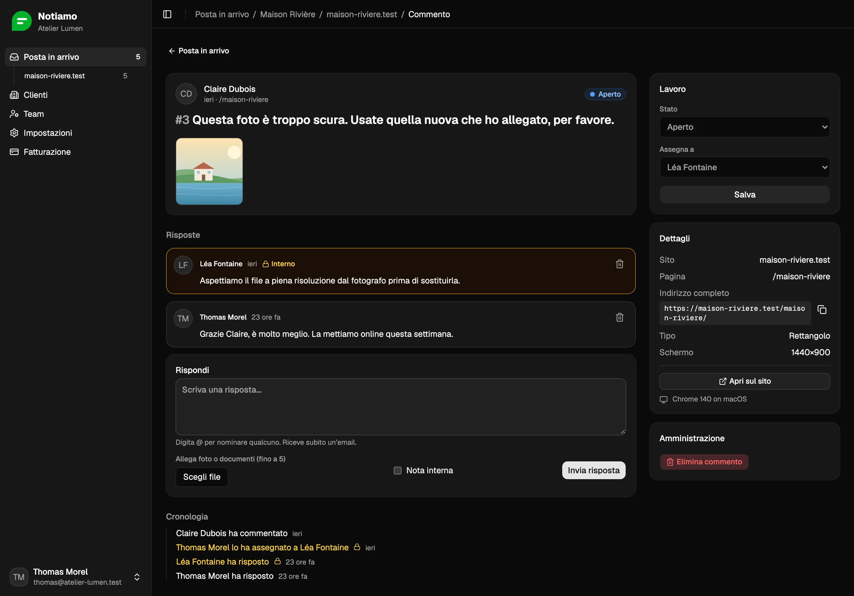 Un commento in Notiamo: la foto del cliente, una nota interna per il team, una risposta al cliente e, accanto, lo stato e la persona assegnata.