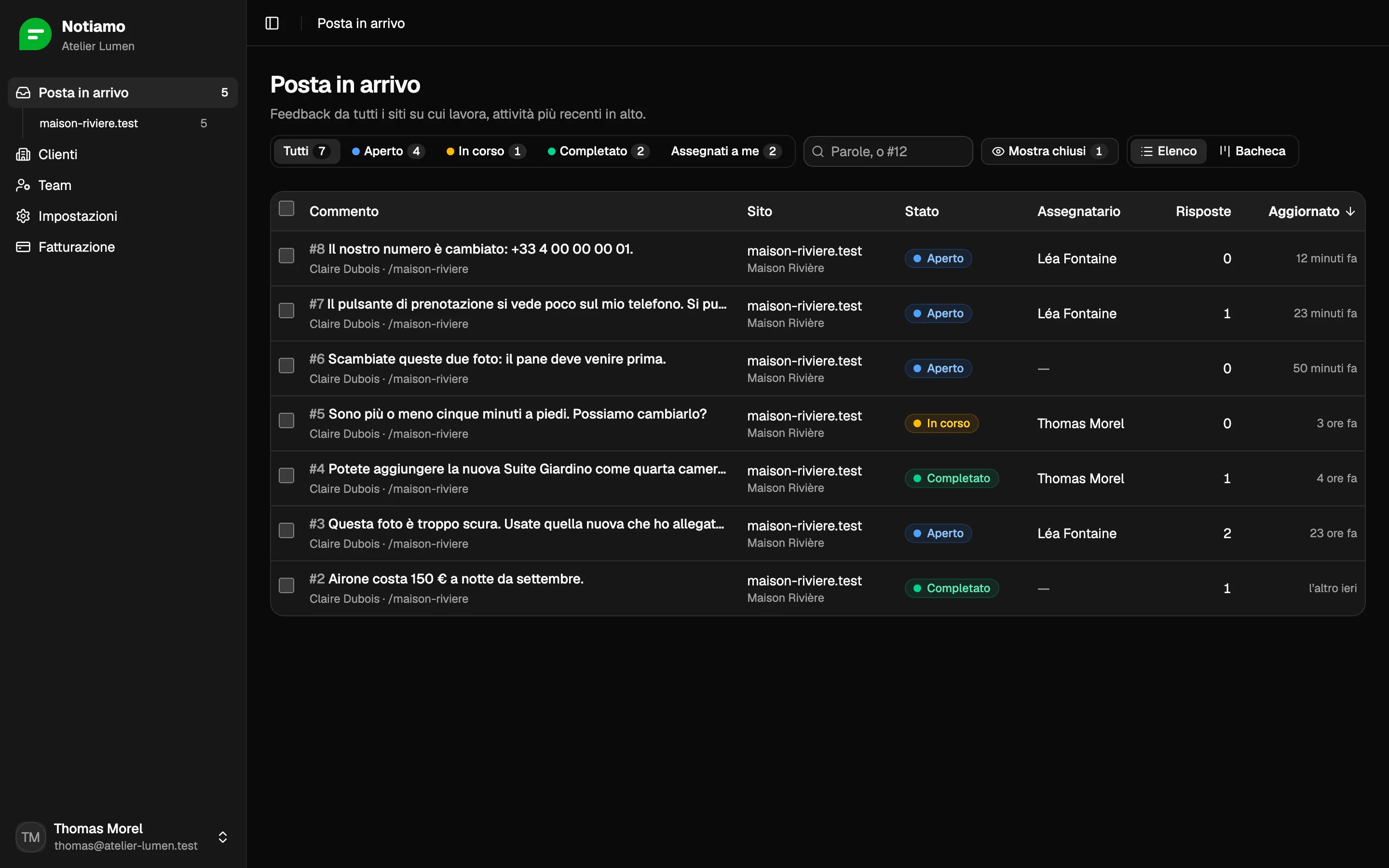 La posta in arrivo di Notiamo: i commenti sul sito di un cliente, ciascuno con il suo stato, la persona assegnata e il numero di risposte.