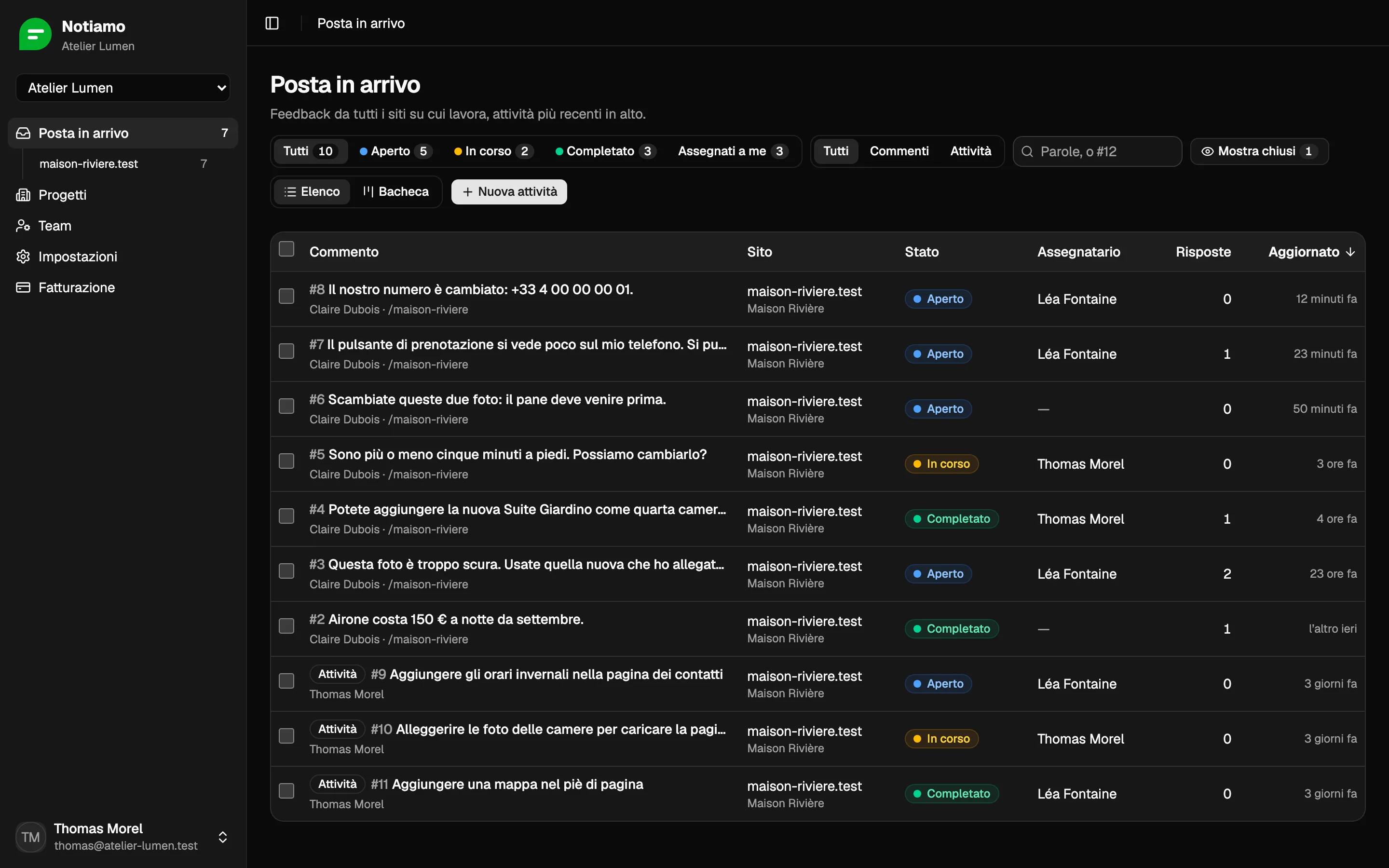La posta in arrivo di Notiamo: i commenti sul sito di un cliente, ciascuno con il suo stato, la persona assegnata e il numero di risposte.