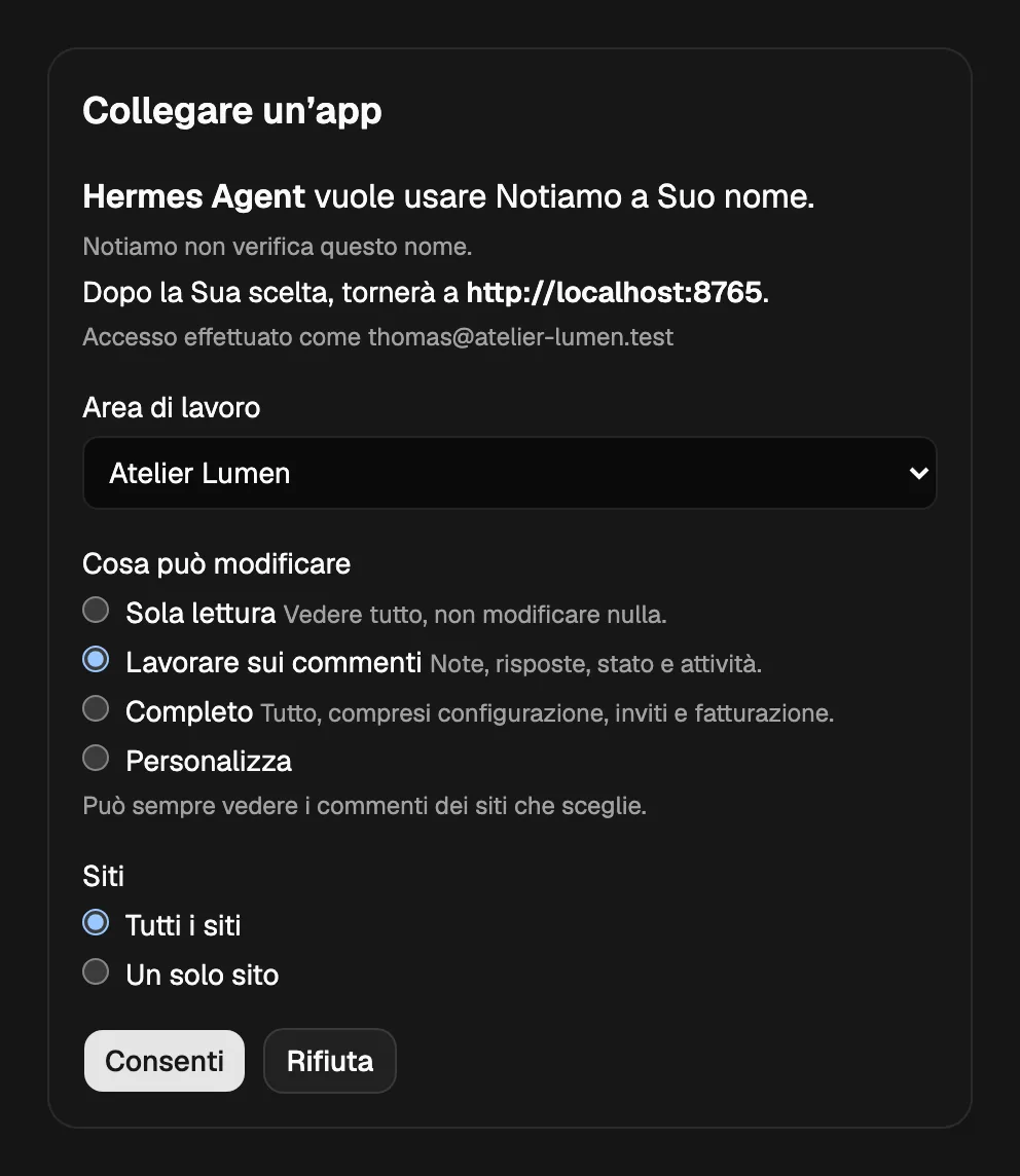 La pagina Notiamo «Collegare un’app»: il nome dell’app, l’area di lavoro, cosa può modificare, i siti e i pulsanti Consenti e Rifiuta.