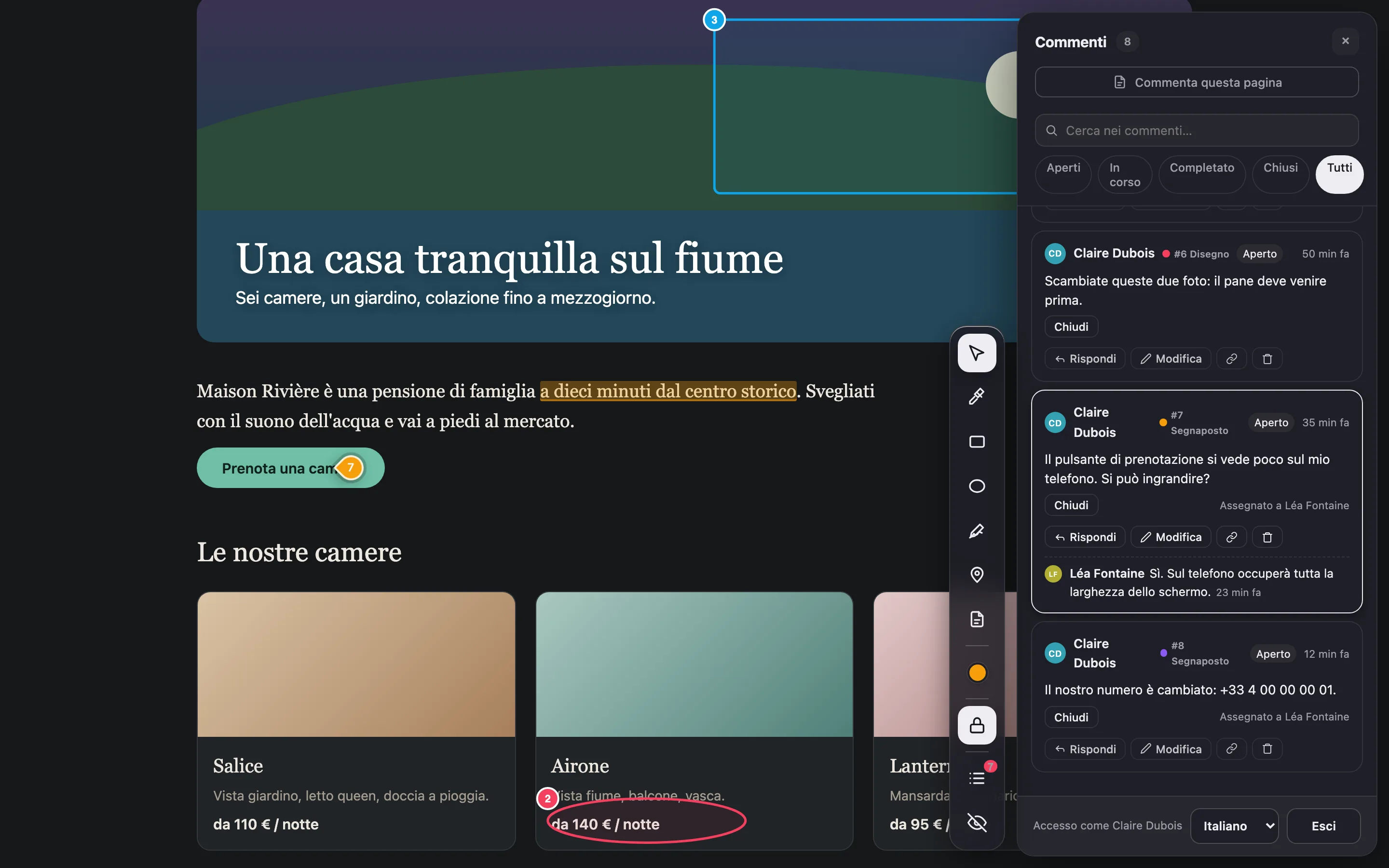 Il sito di un cliente con Notiamo aperto: segni sulla pagina e, accanto, l'elenco dei commenti.