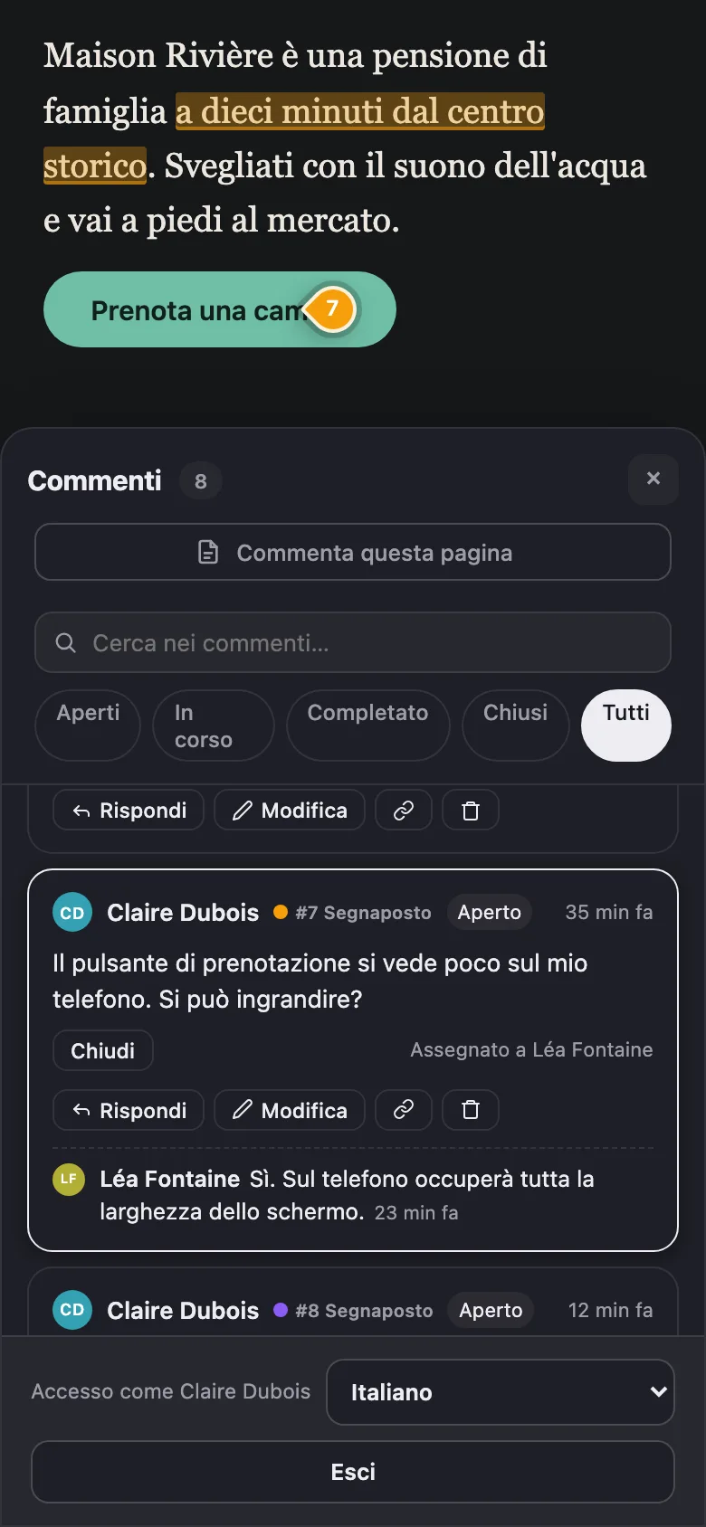 Notiamo su un telefono: un segnaposto sul pulsante di prenotazione e la discussione sotto la pagina.