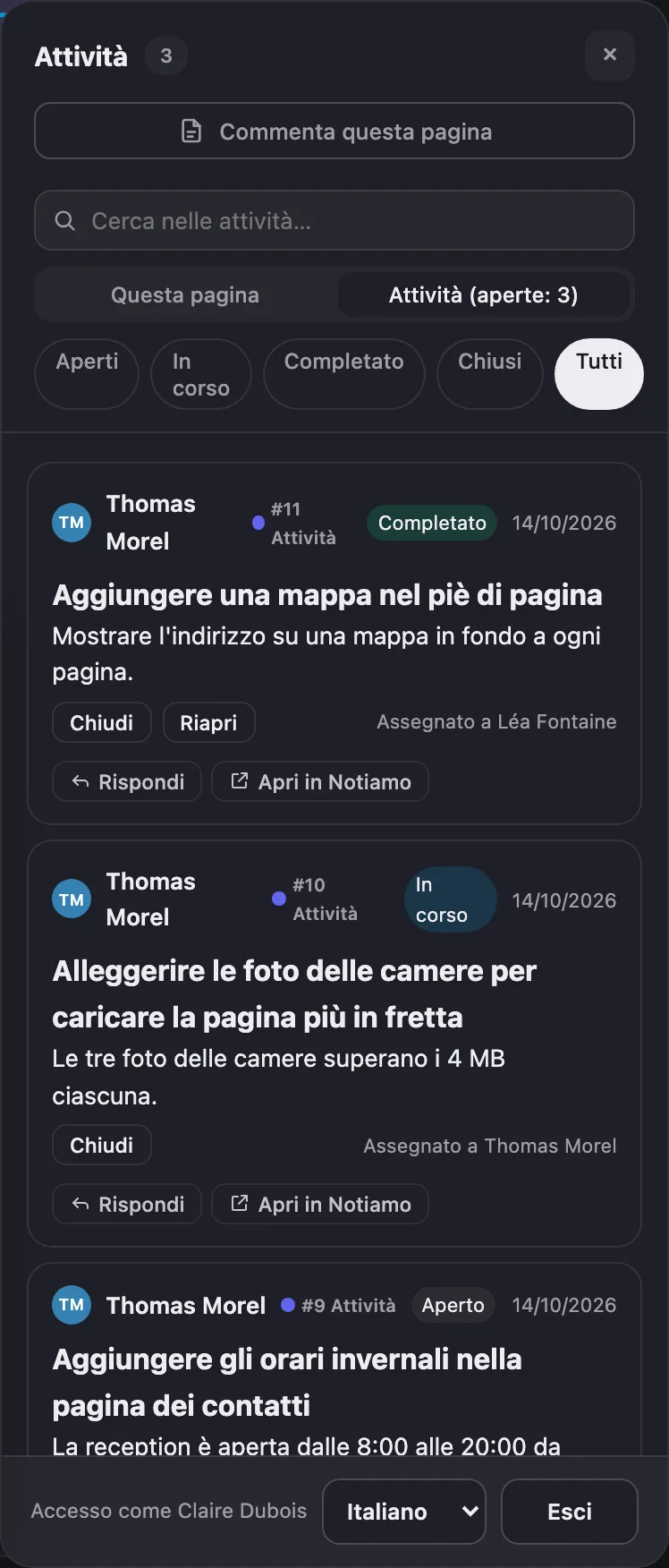 La scheda Attività degli strumenti di revisione sul sito: le attività del sito con il loro stato, le risposte e i pulsanti.