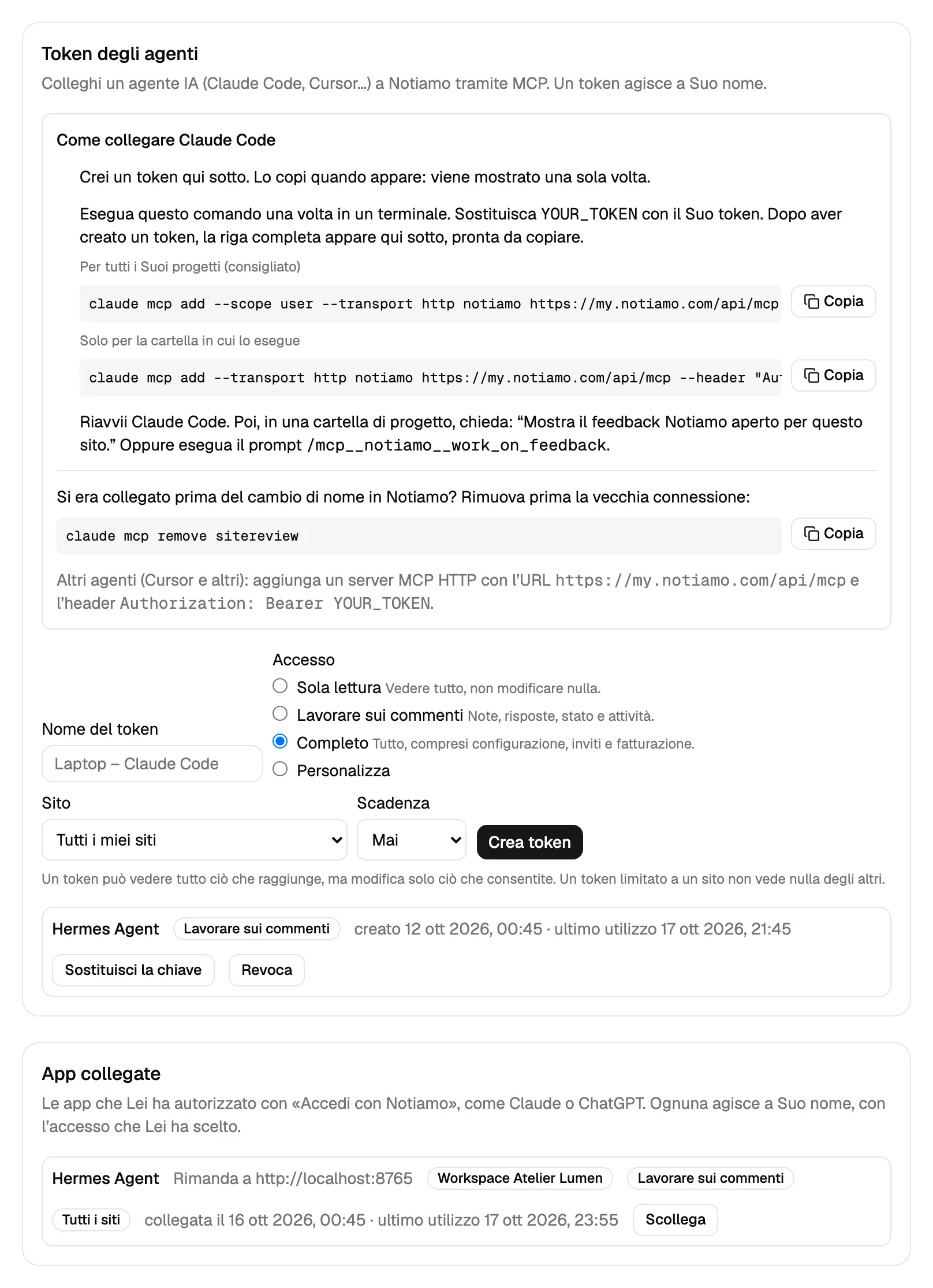 La scheda Token degli agenti nelle Impostazioni di Notiamo: le scelte di accesso, una chiave con Sostituisci la chiave e Revoca e, sotto, la scheda App collegate con un’app e il suo pulsante Scollega.