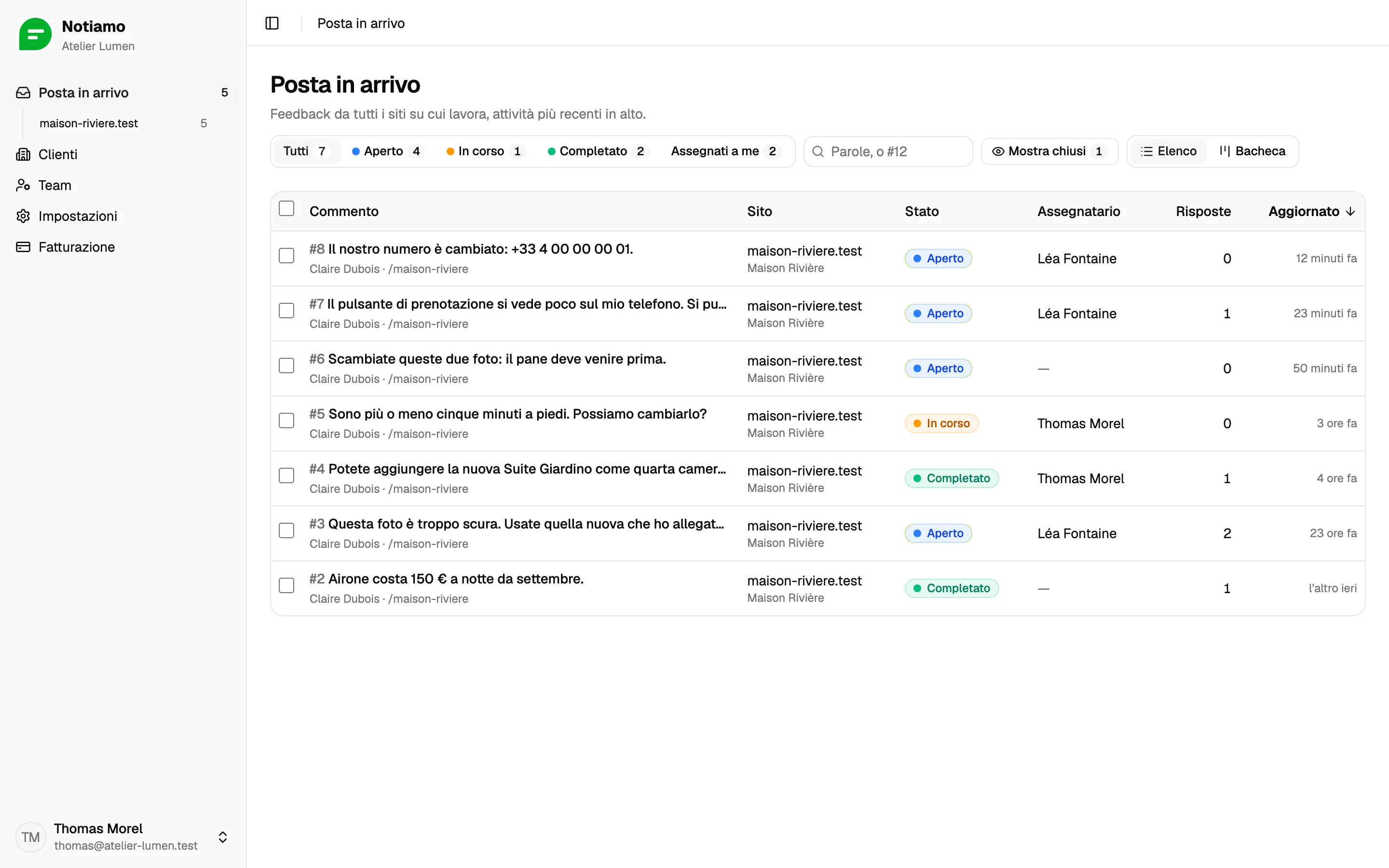 La posta in arrivo di Notiamo: i commenti sul sito di un cliente, ciascuno con il suo stato, la persona assegnata e il numero di risposte.
