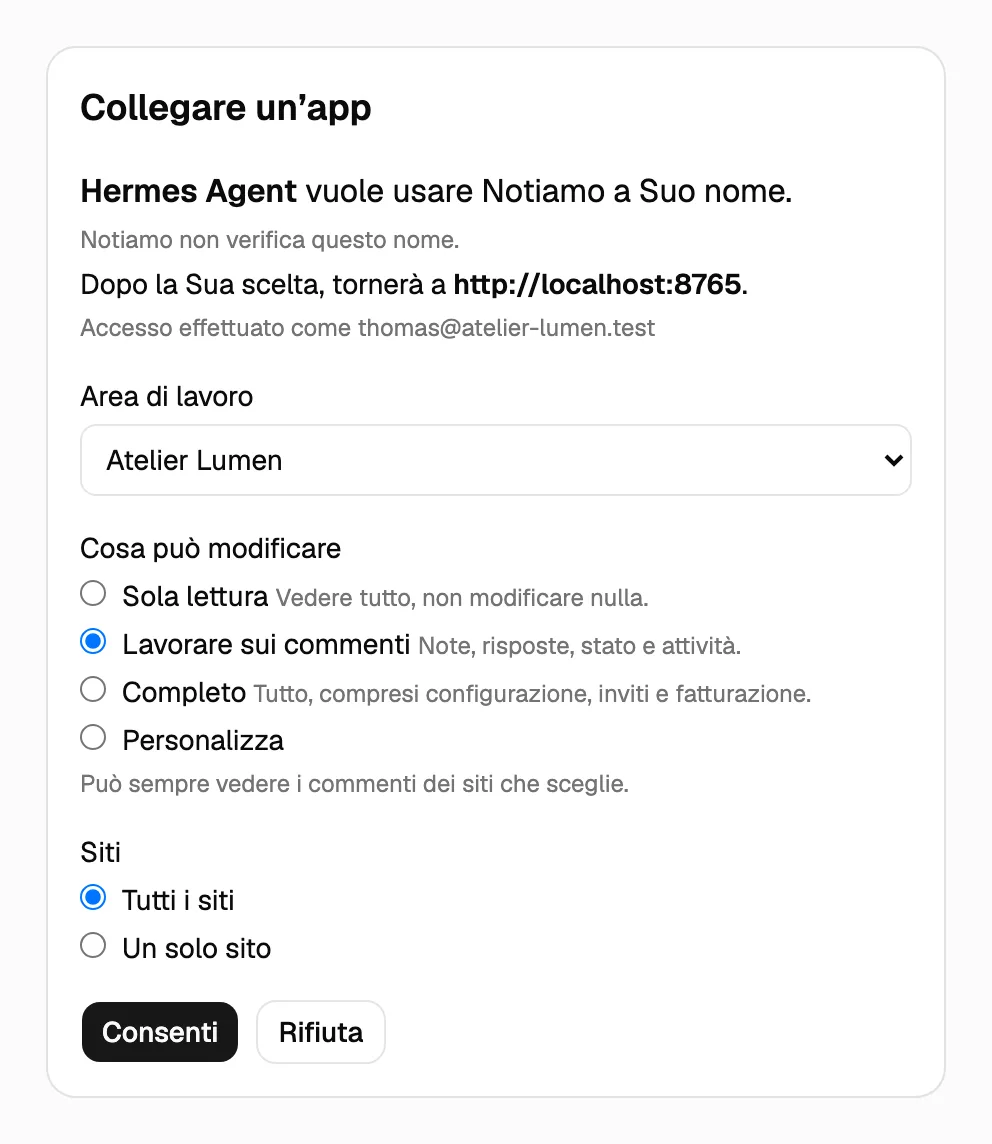 La pagina Notiamo «Collegare un’app»: il nome dell’app, l’area di lavoro, cosa può modificare, i siti e i pulsanti Consenti e Rifiuta.