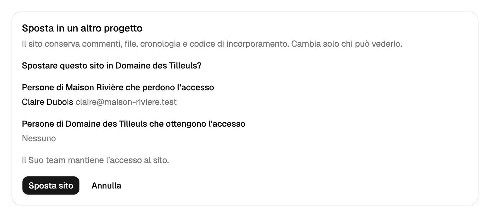 Lo spostamento di un sito in un altro progetto: chi perde l’accesso, chi lo ottiene e il pulsante per spostare il sito.