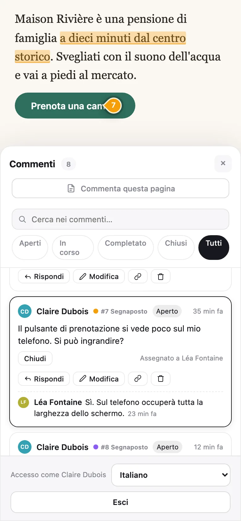 Notiamo su un telefono: un segnaposto sul pulsante di prenotazione e la discussione sotto la pagina.