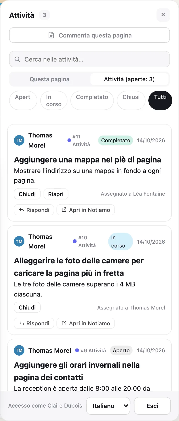 La scheda Attività degli strumenti di revisione sul sito: le attività del sito con il loro stato, le risposte e i pulsanti.