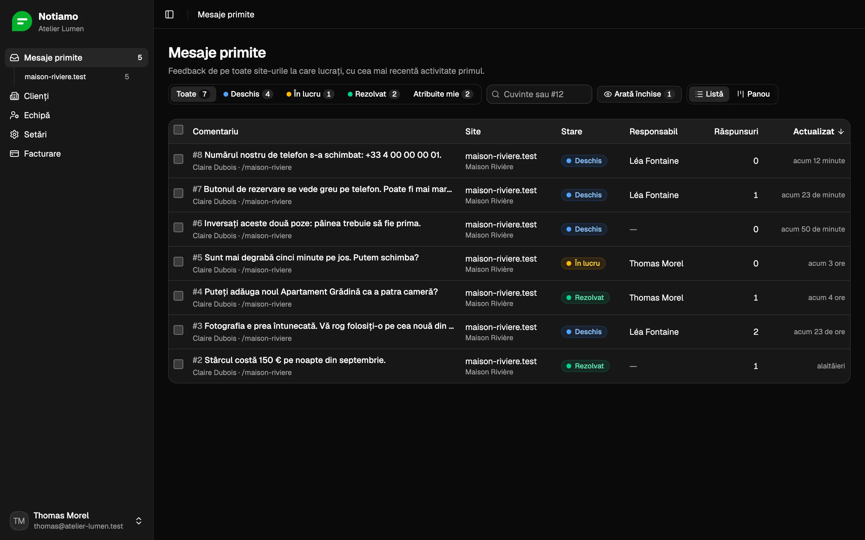 Inboxul Notiamo: comentariile de pe site-ul unui client, fiecare cu starea sa, persoana căreia îi este atribuit și numărul de răspunsuri.