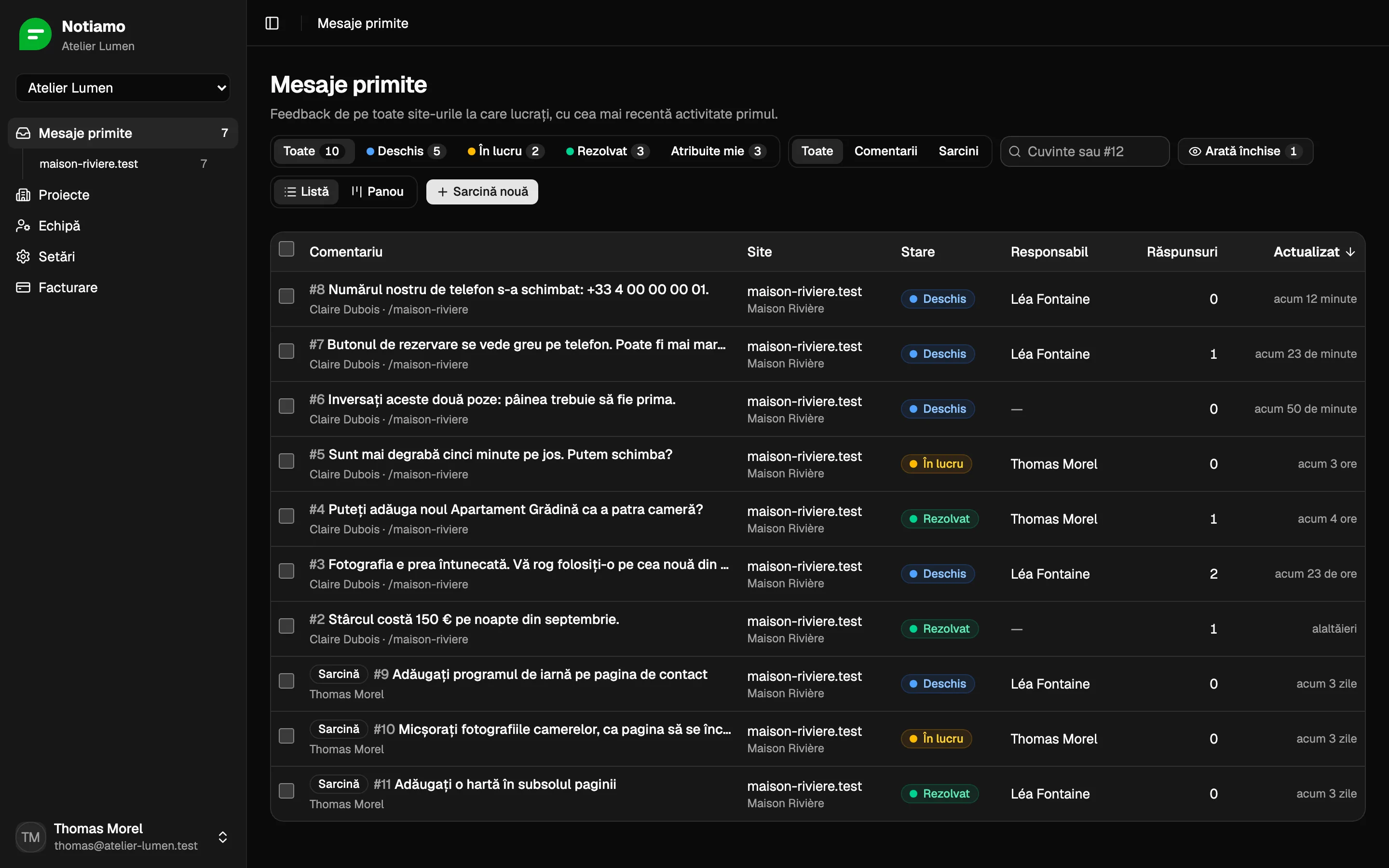 Inboxul Notiamo: comentariile de pe site-ul unui client, fiecare cu starea sa, persoana căreia îi este atribuit și numărul de răspunsuri.