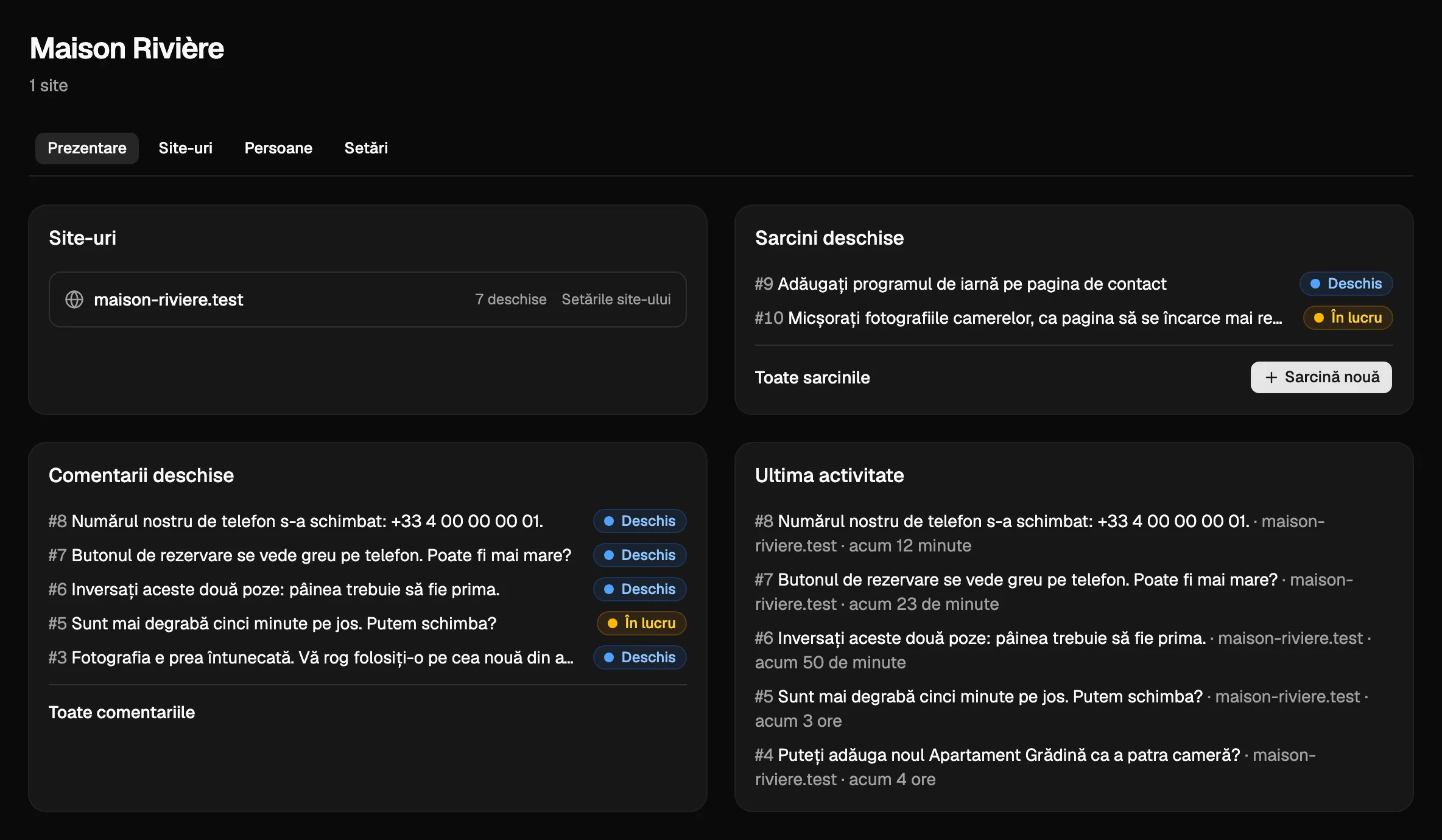 Prezentarea unui proiect în Notiamo: site-ul său, sarcinile și comentariile deschise și cea mai recentă activitate.