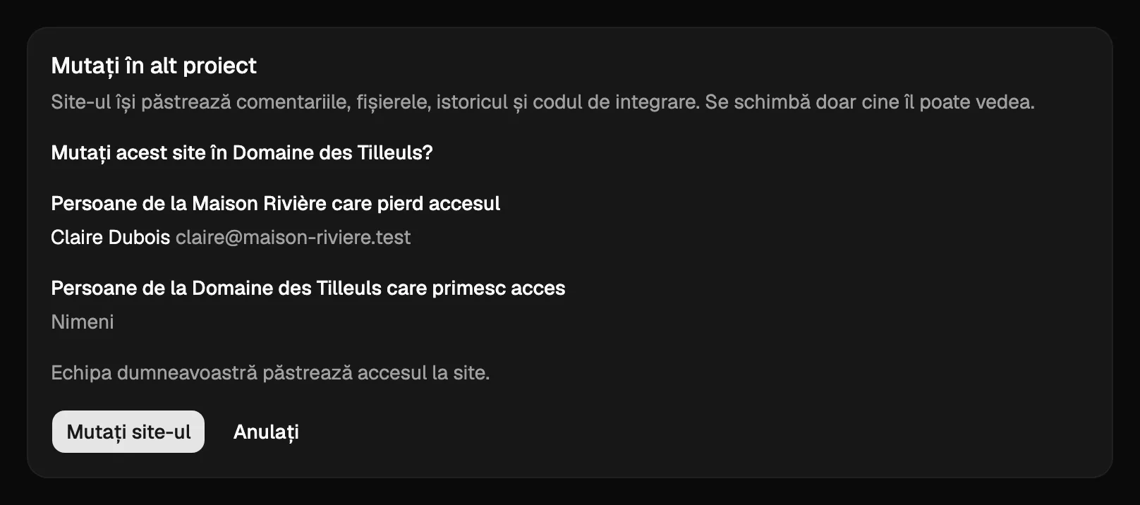 Mutarea unui site în alt proiect: cine pierde accesul, cine îl primește și butonul pentru mutarea site-ului.
