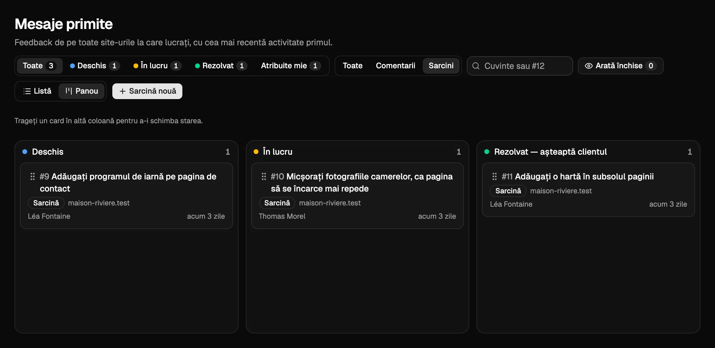 Inboxul ca panou, doar cu sarcini: o coloană pentru fiecare stare, fiecare sarcină cu persoana atribuită.