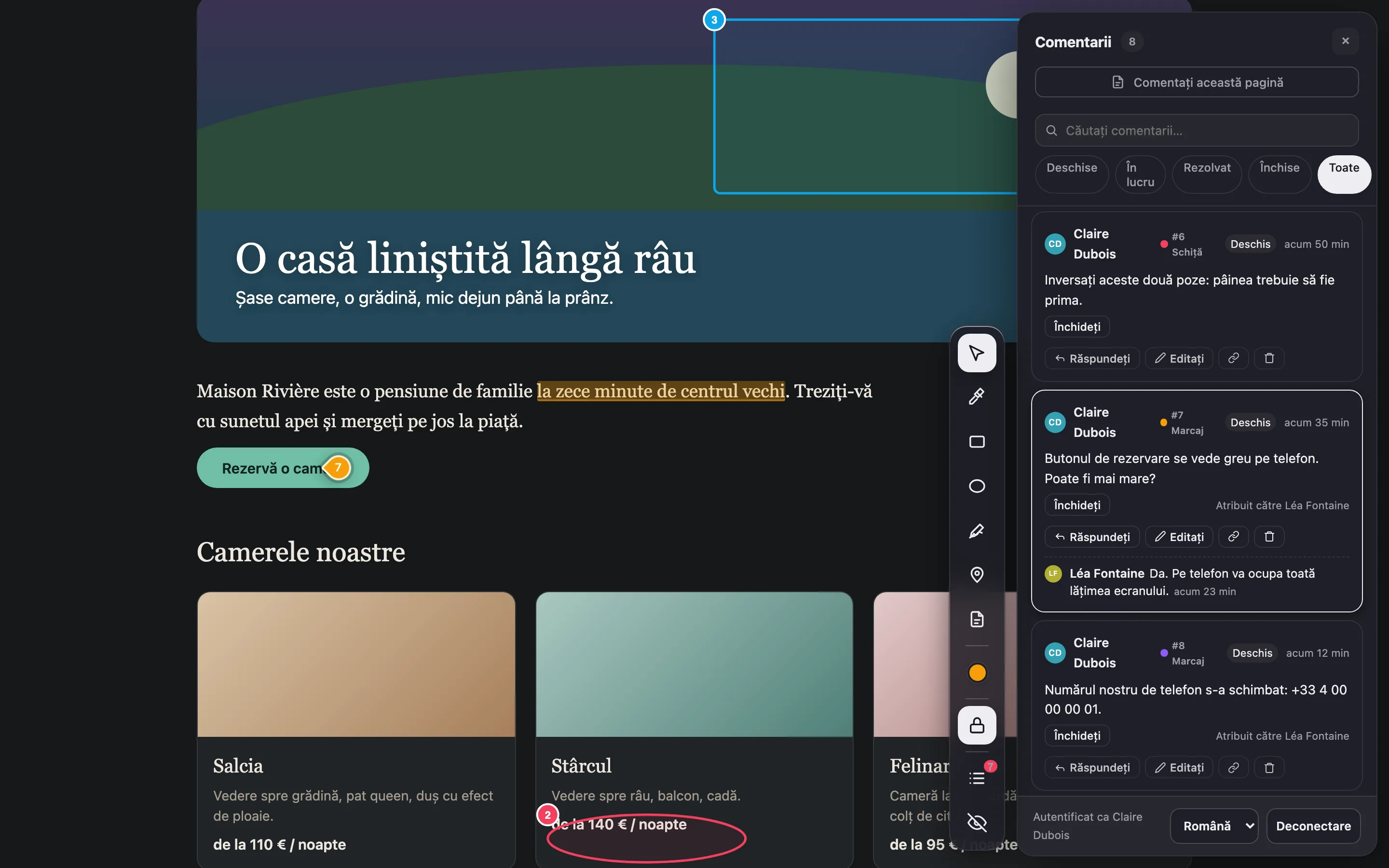Site-ul unui client cu Notiamo deschis: marcaje pe pagină și, alături, lista comentariilor.
