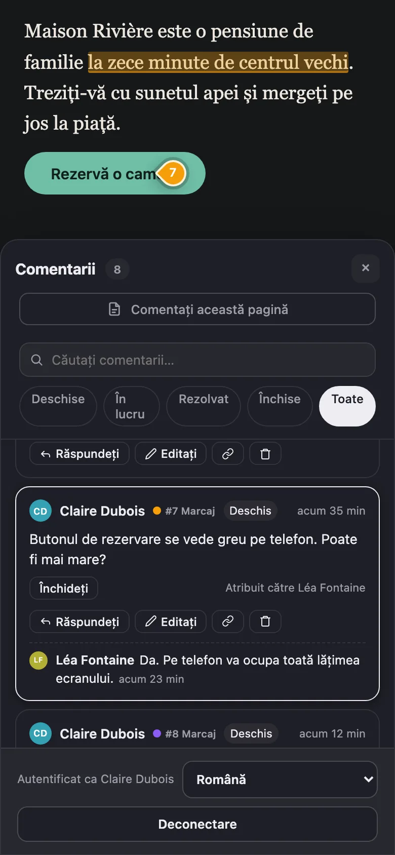 Notiamo pe telefon: un pin pe butonul de rezervare și discuția sub pagină.