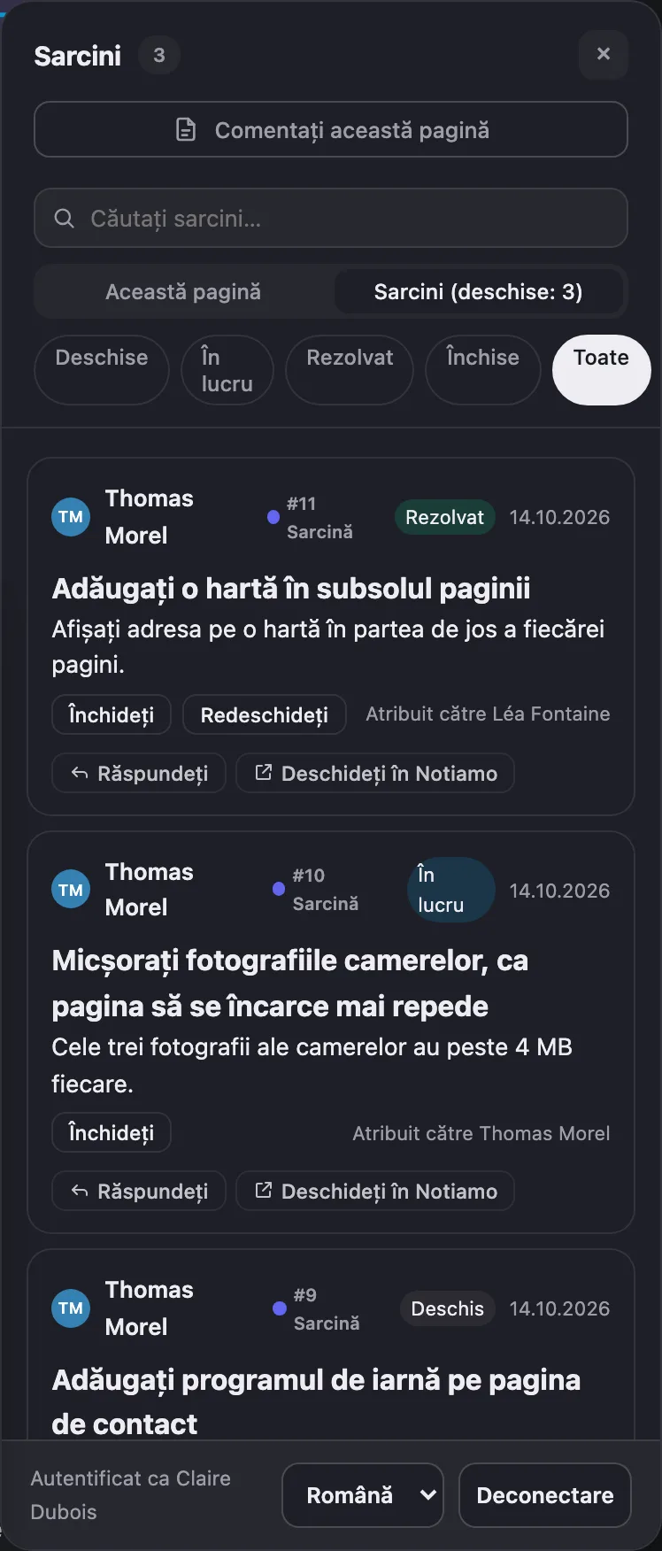 Fila Sarcini a instrumentelor de revizuire pe site: sarcinile site-ului cu starea lor, răspunsurile și butoanele.