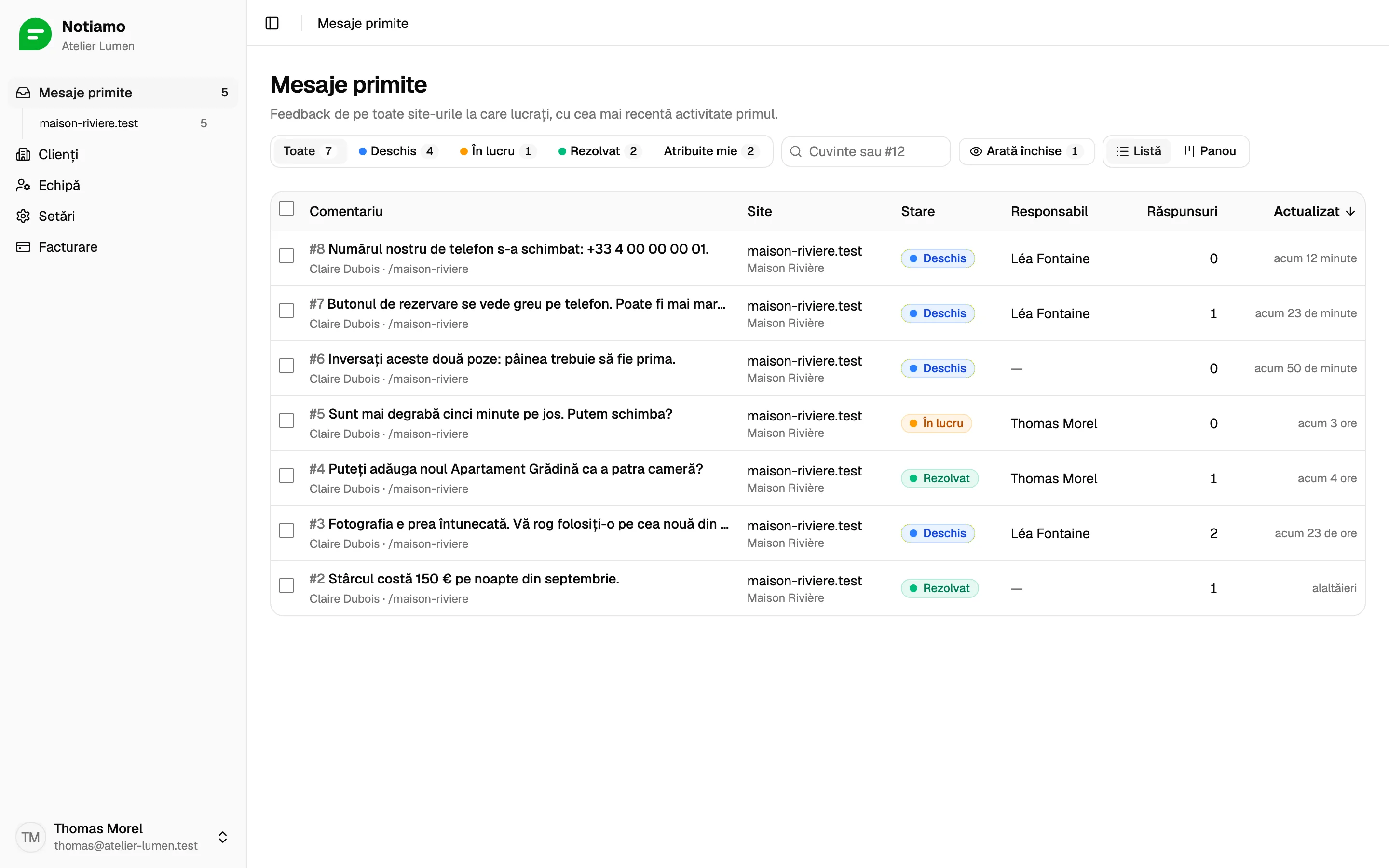 Inboxul Notiamo: comentariile de pe site-ul unui client, fiecare cu starea sa, persoana căreia îi este atribuit și numărul de răspunsuri.