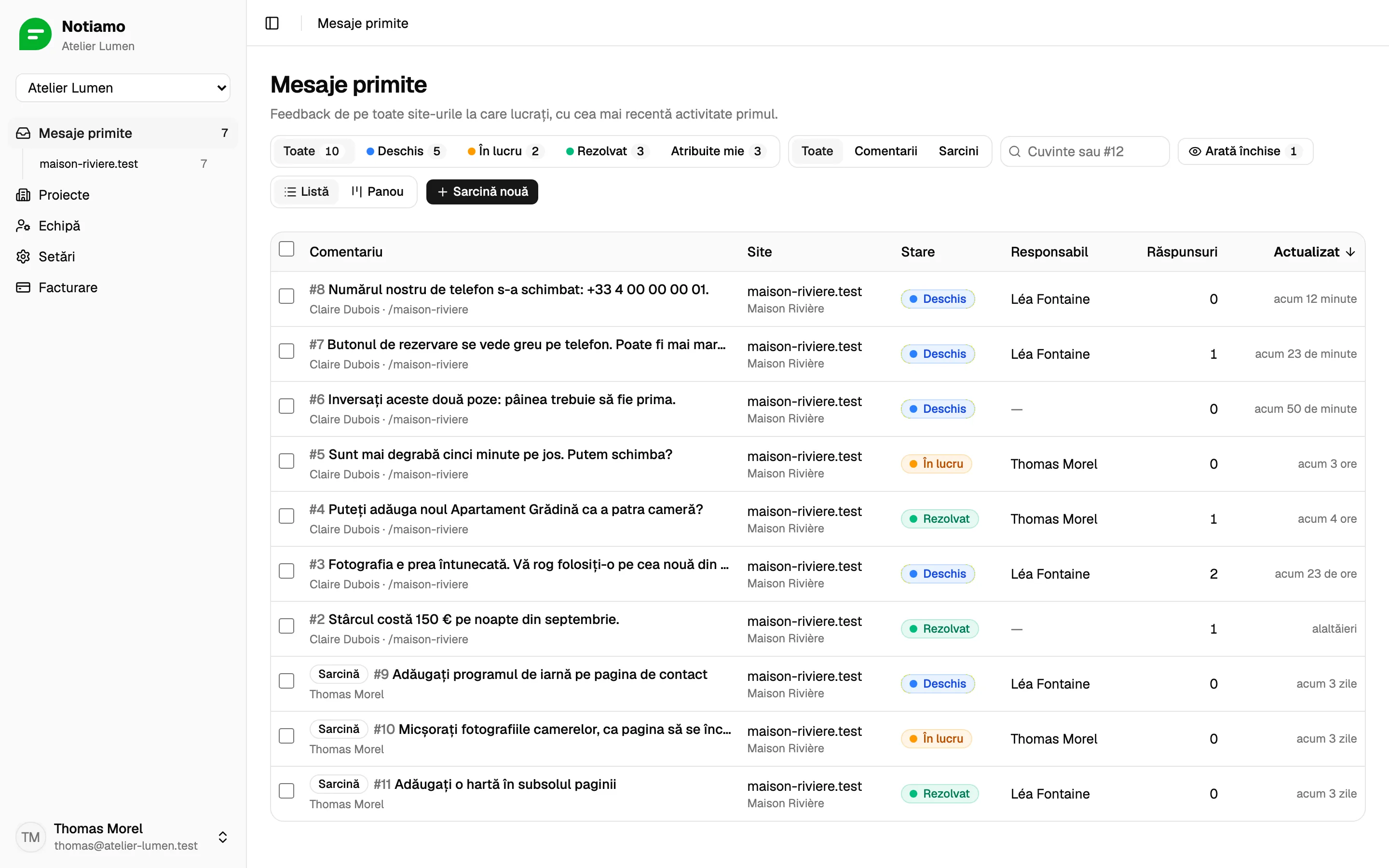 Inboxul Notiamo: comentariile de pe site-ul unui client, fiecare cu starea sa, persoana căreia îi este atribuit și numărul de răspunsuri.