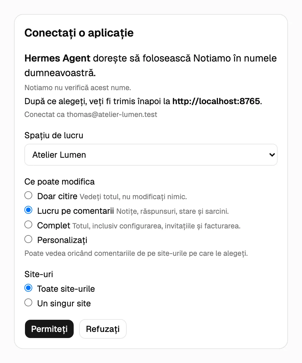 Pagina Notiamo „Conectați o aplicație”: numele aplicației, spațiul de lucru, ce poate modifica, site-urile și butoanele Permiteți și Refuzați.