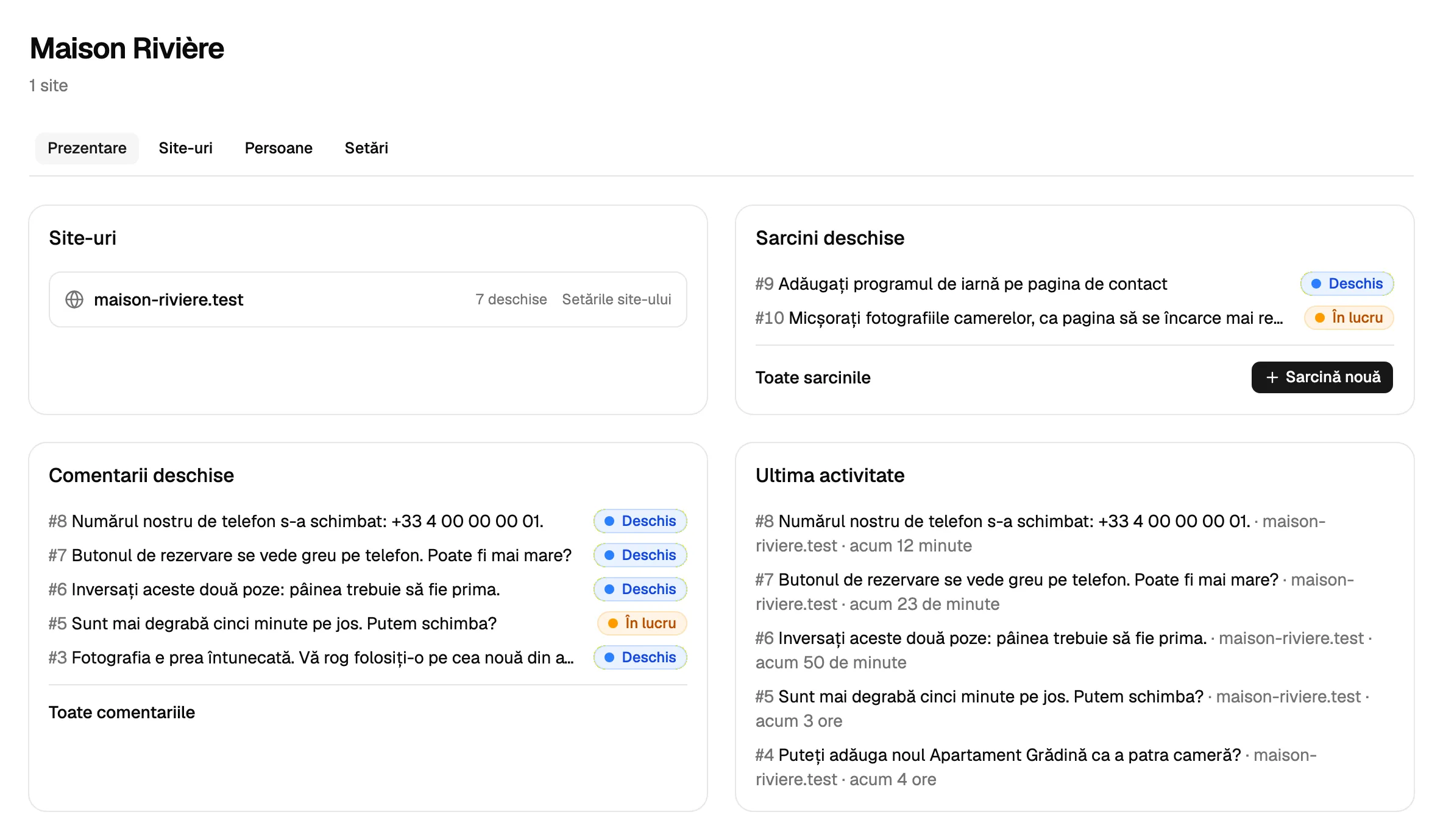 Prezentarea unui proiect în Notiamo: site-ul său, sarcinile și comentariile deschise și cea mai recentă activitate.