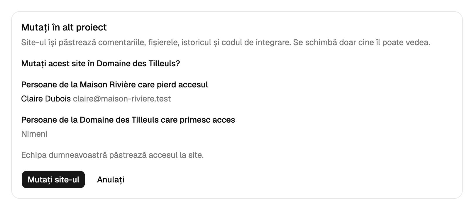 Mutarea unui site în alt proiect: cine pierde accesul, cine îl primește și butonul pentru mutarea site-ului.