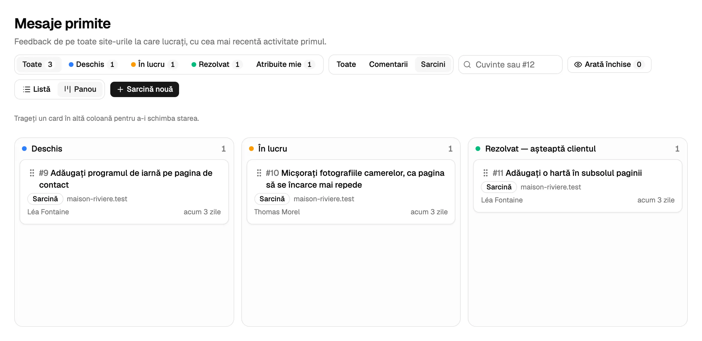 Inboxul ca panou, doar cu sarcini: o coloană pentru fiecare stare, fiecare sarcină cu persoana atribuită.