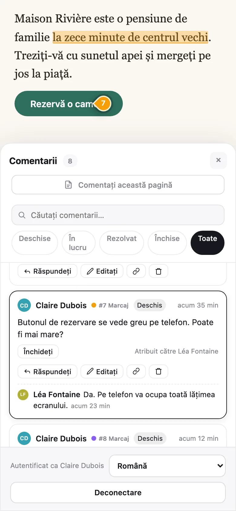 Notiamo pe telefon: un pin pe butonul de rezervare și discuția sub pagină.
