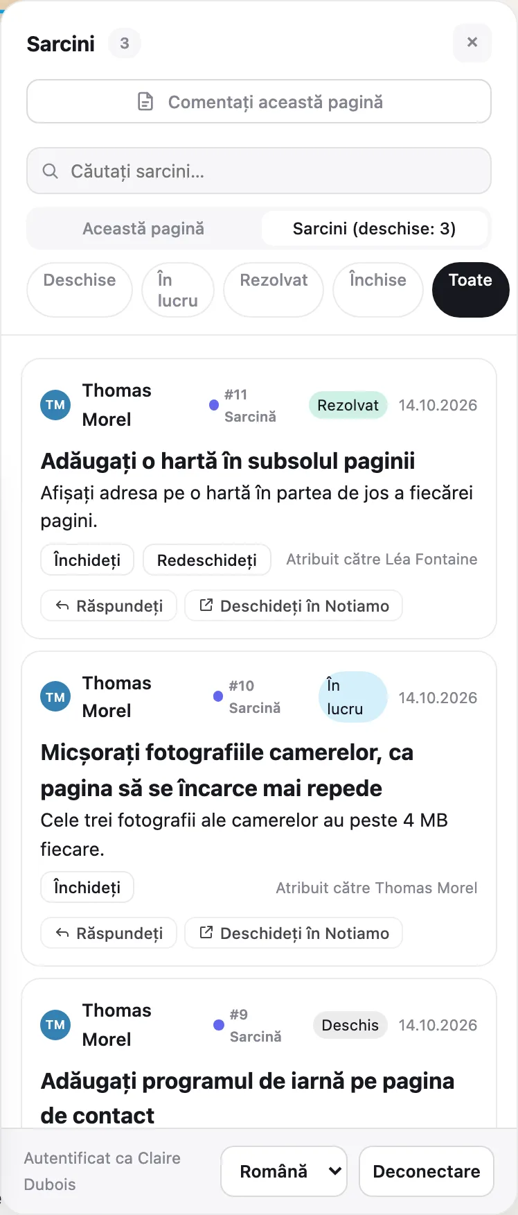 Fila Sarcini a instrumentelor de revizuire pe site: sarcinile site-ului cu starea lor, răspunsurile și butoanele.